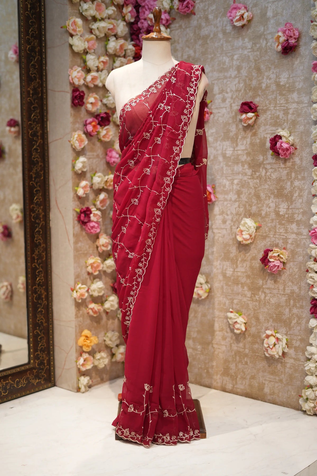 Cherry Georgette Jaal Saree with Embroidered Scallop Border Odhani By SRN