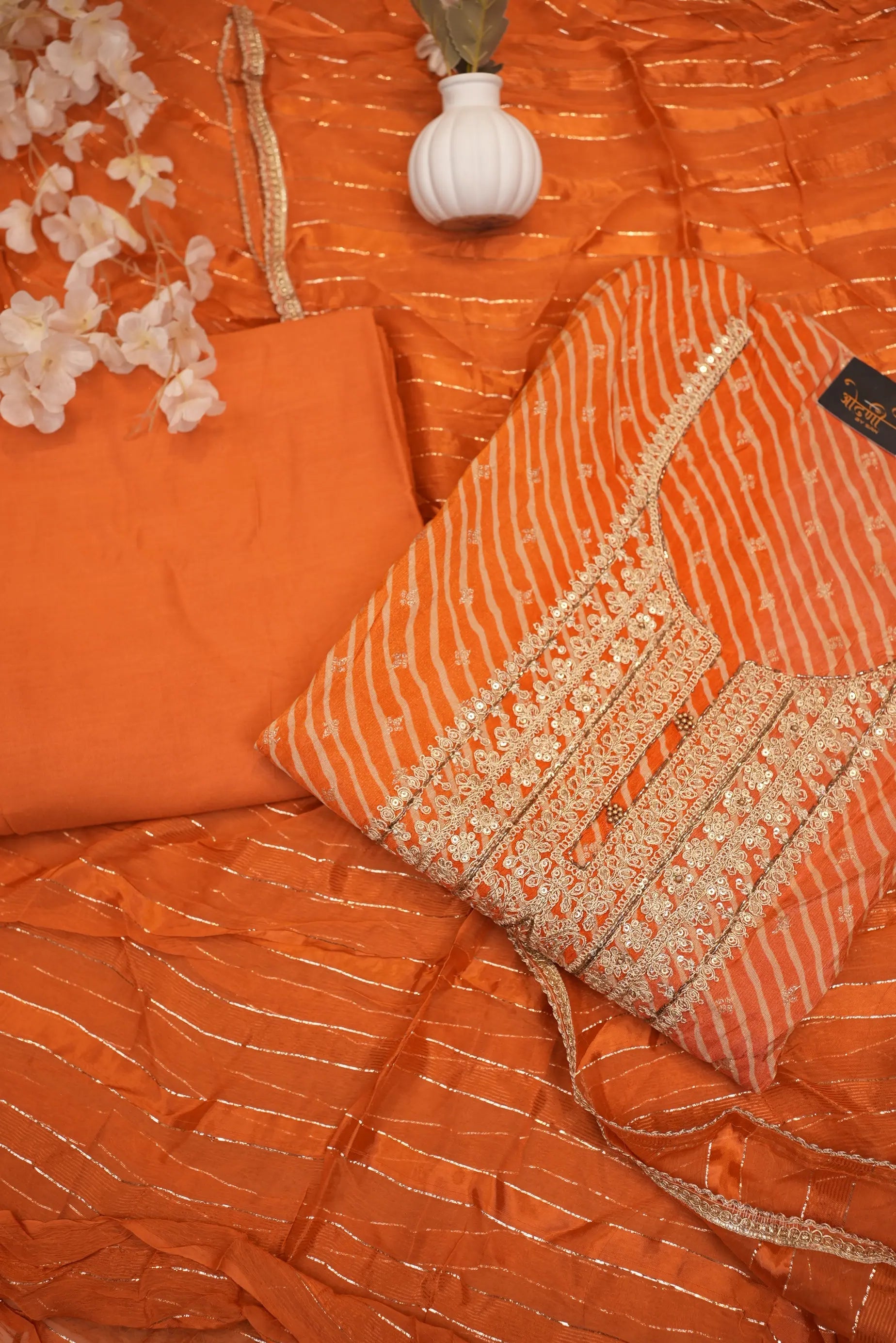 Orange Striped Zari Work Unstitched Suit Set