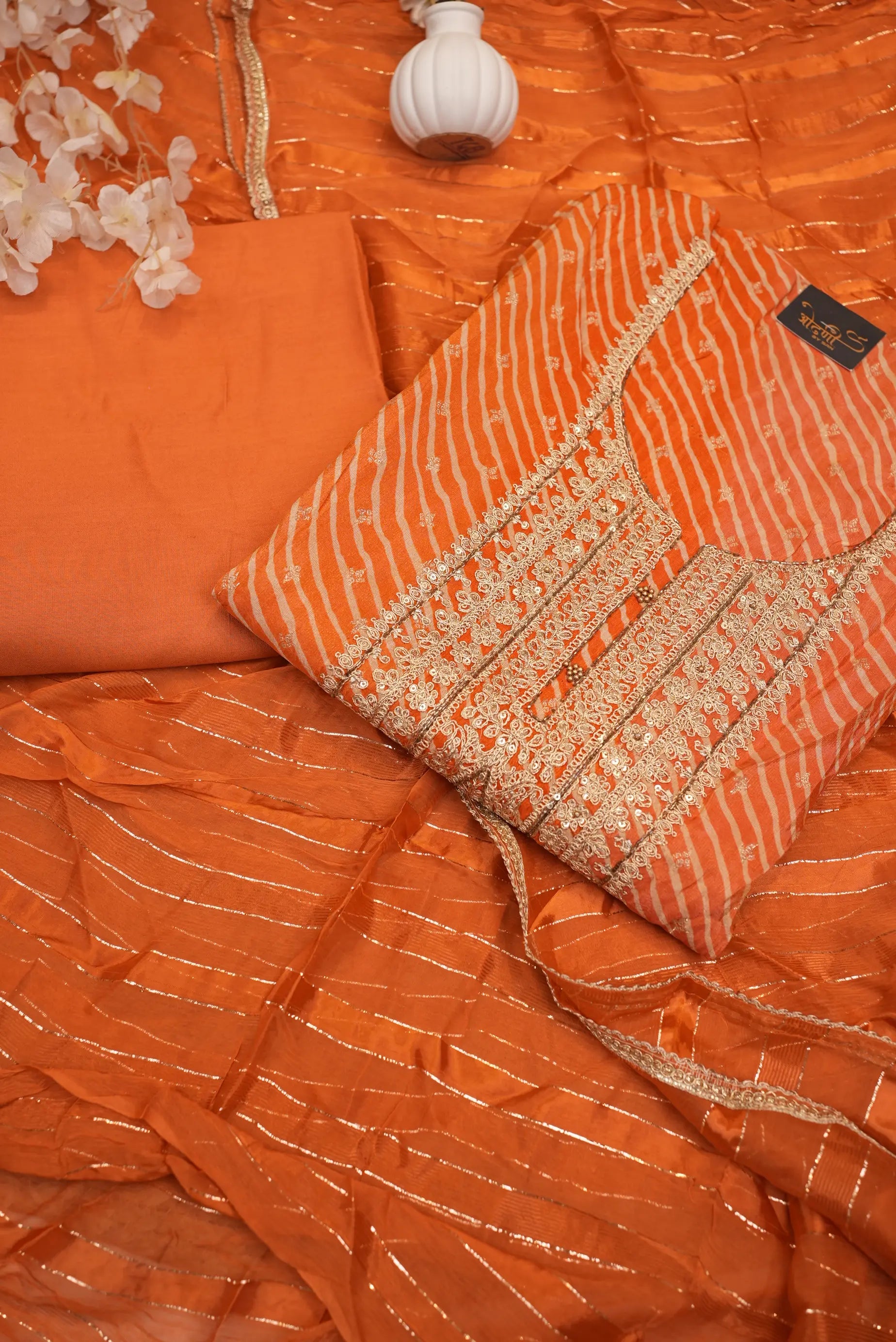 Orange Striped Zari Work Unstitched Suit Set