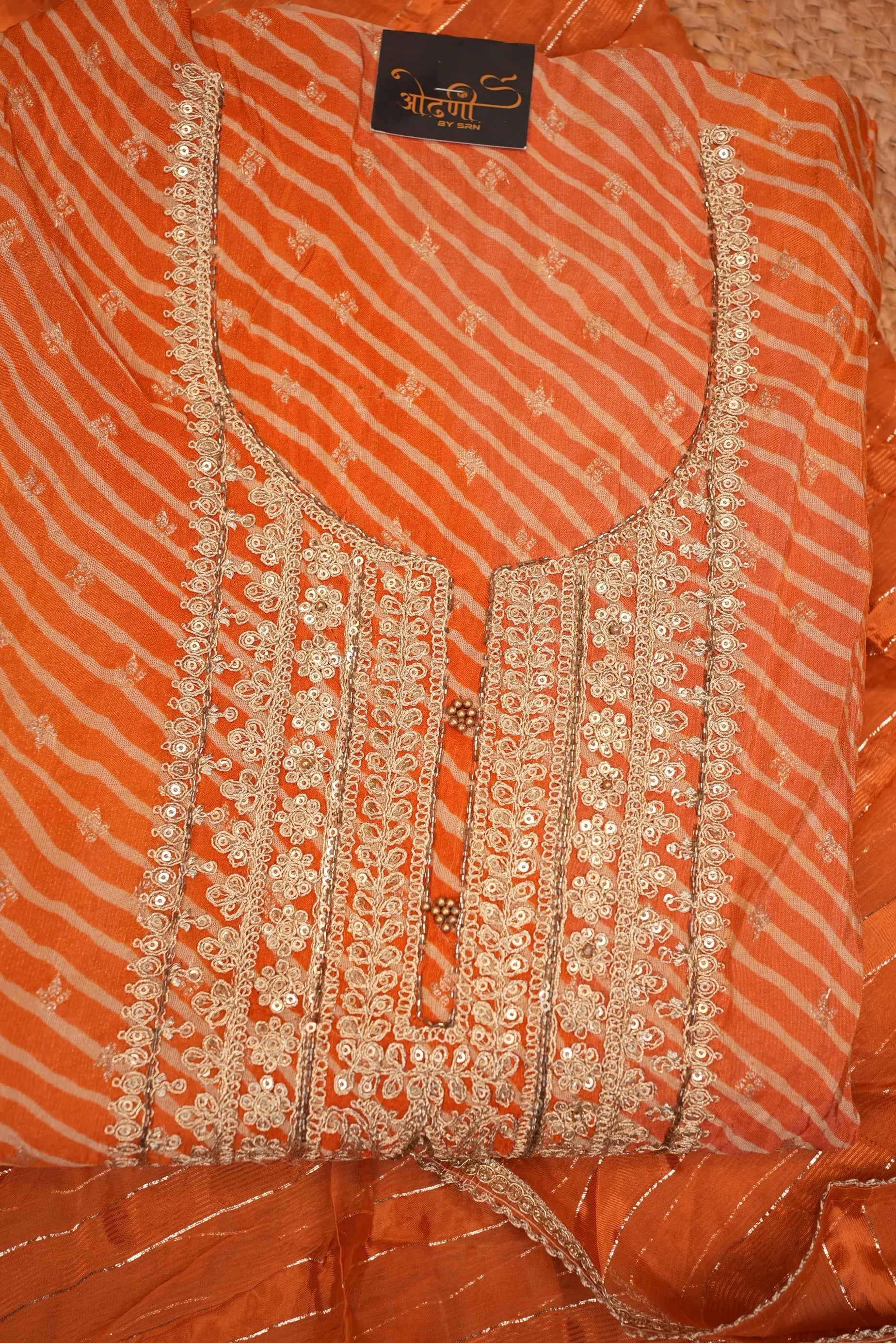 Orange Striped Zari Work Unstitched Suit Set