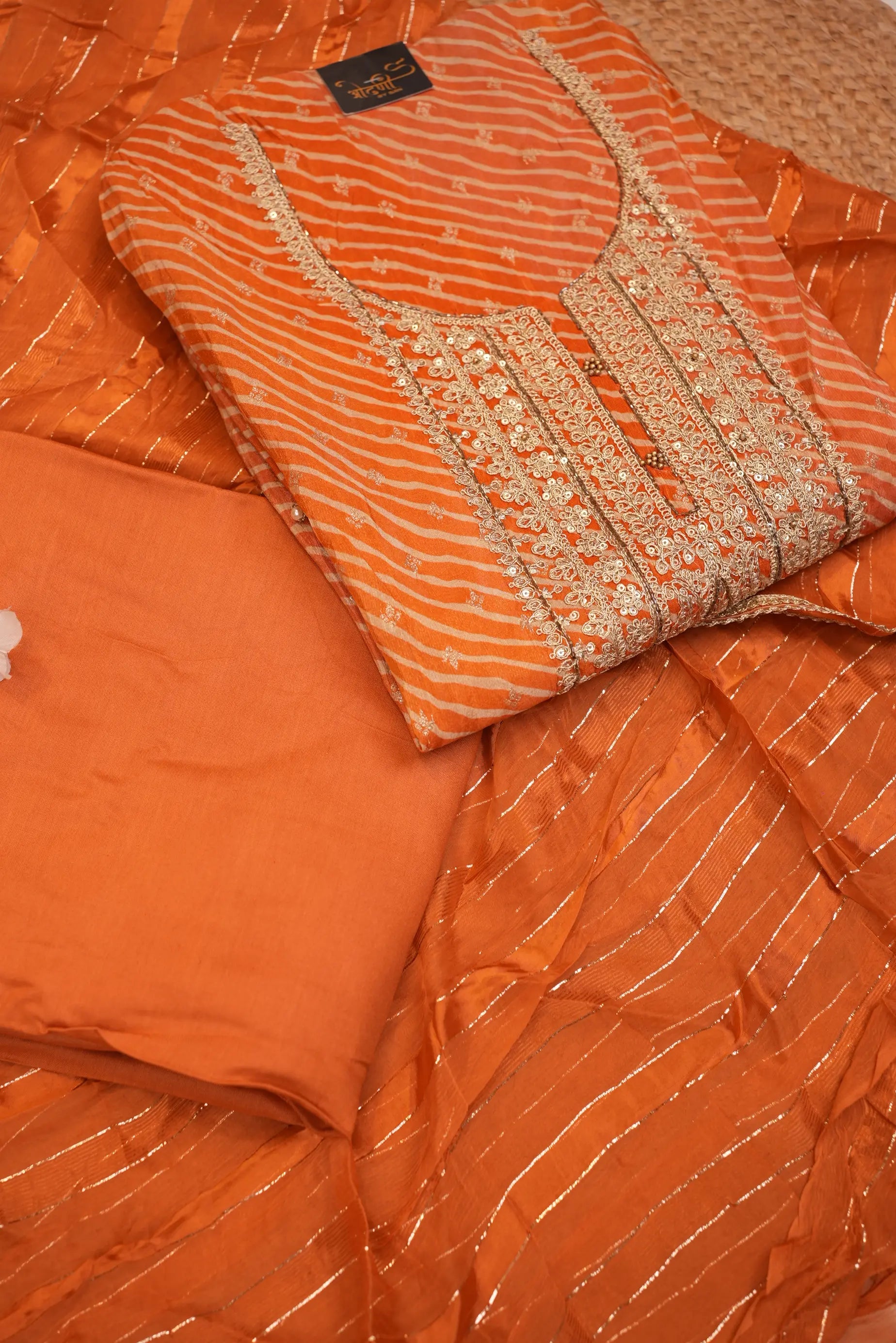 Orange Striped Zari Work Unstitched Suit Set