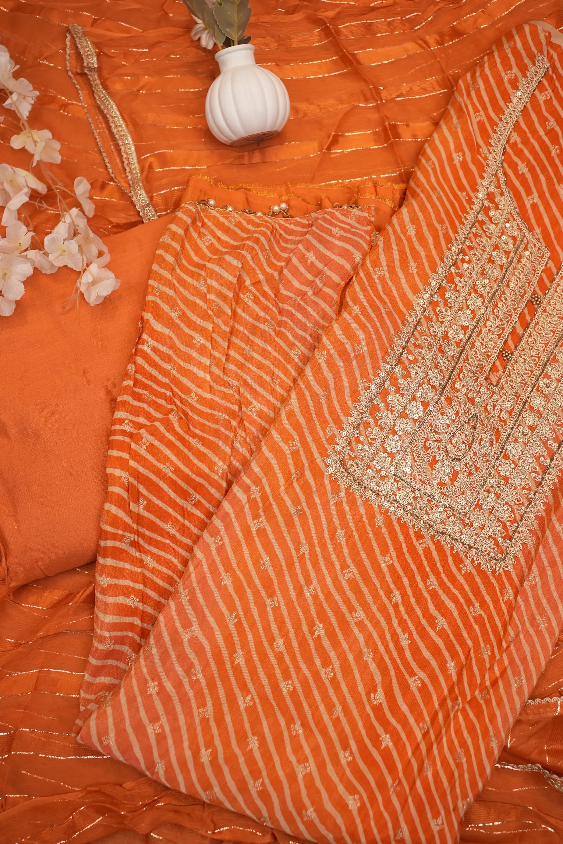 Orange Striped Zari Work Unstitched Suit Set
