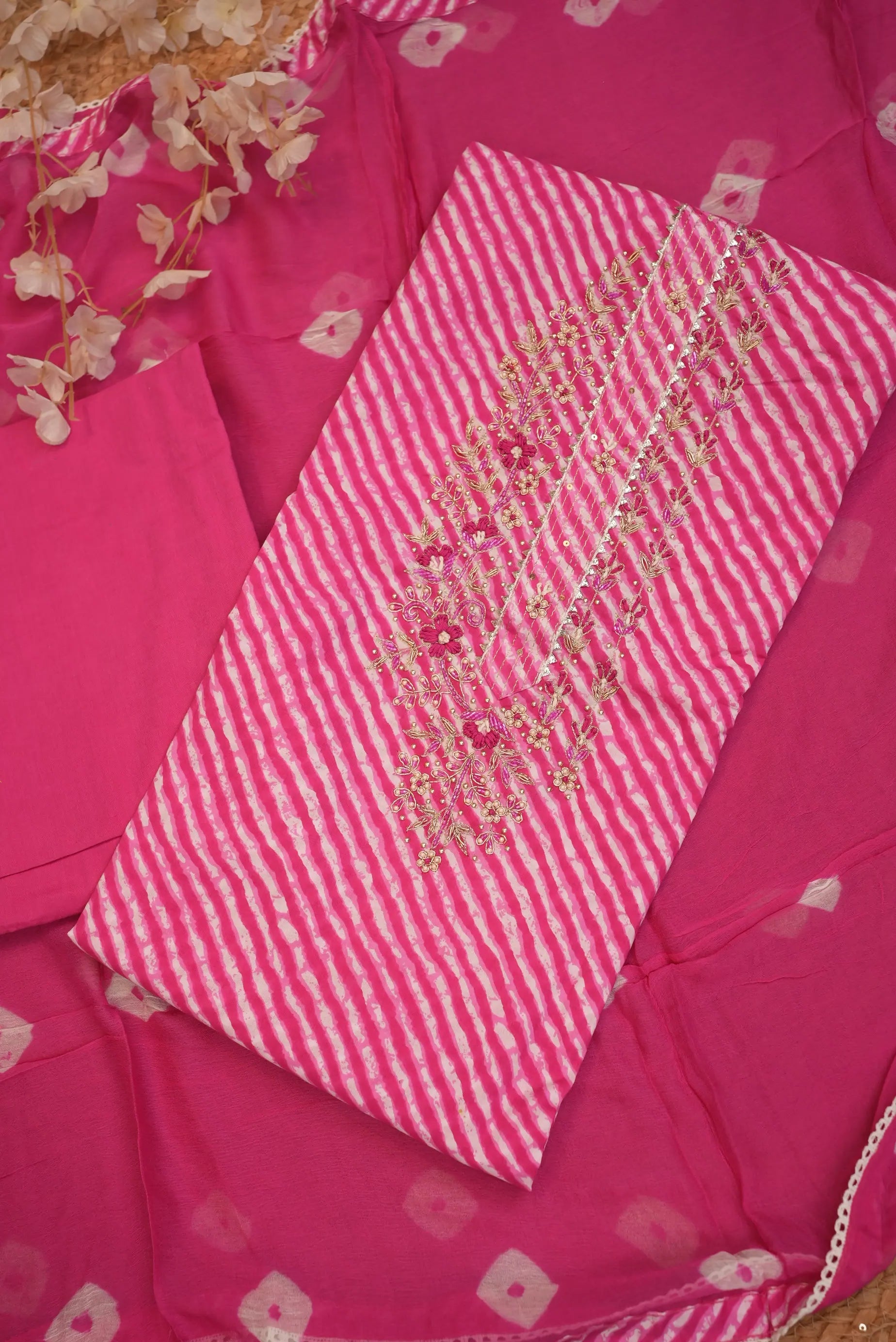 Leheriya Printed Unstitched Suit with Embellished Work