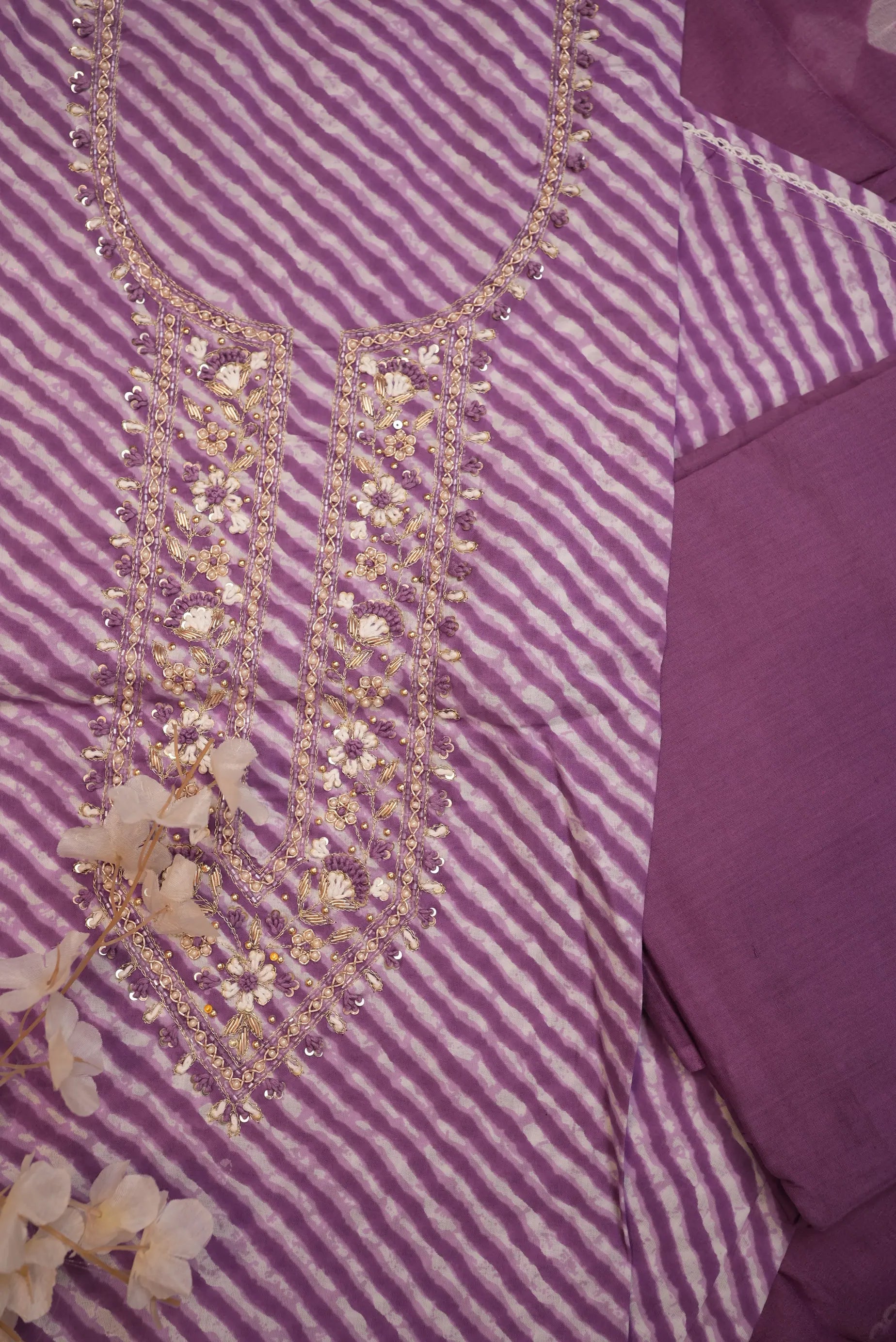 Leheriya Printed Unstitched Suit with Embellished Work