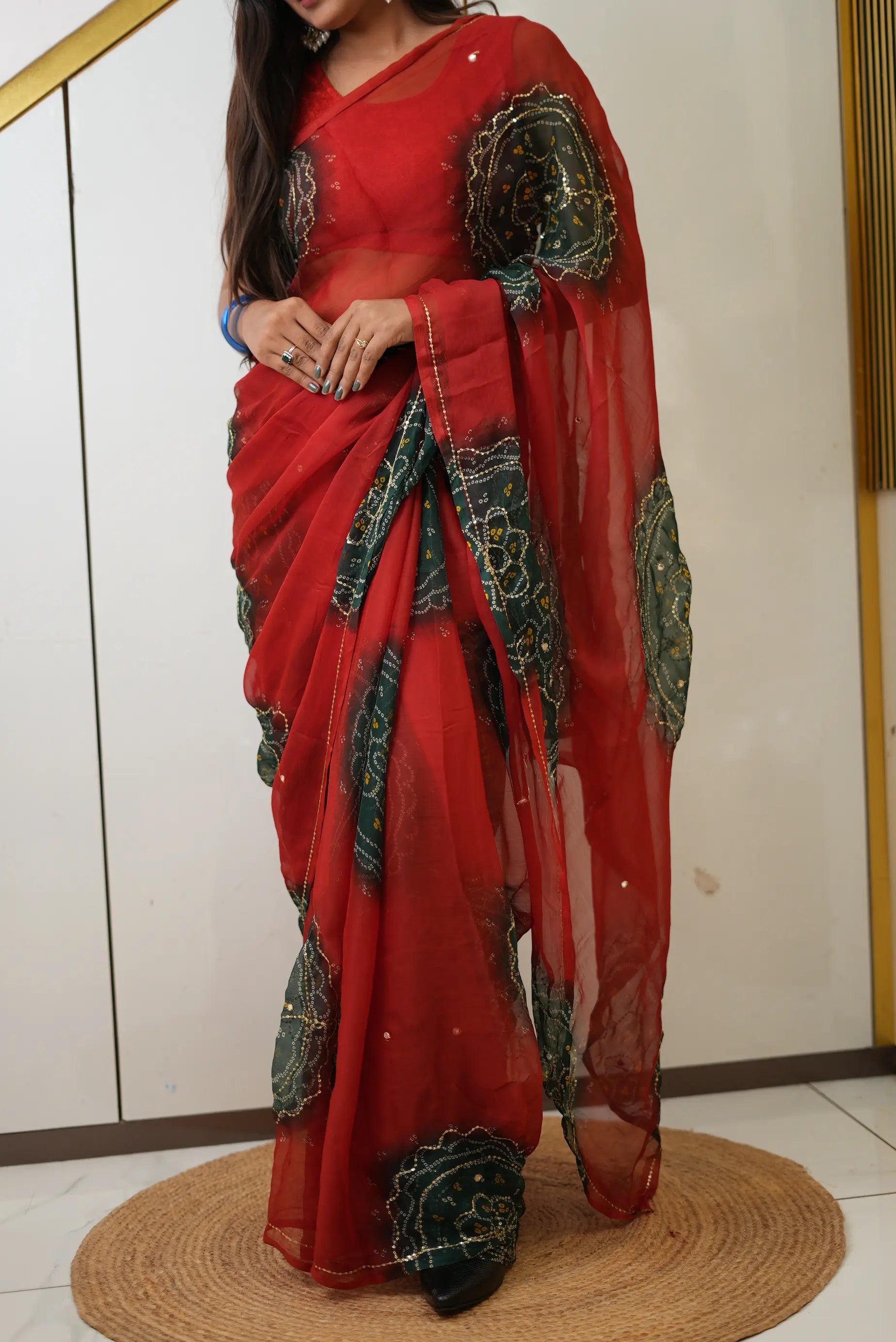 Rajputi Look Chiffon Bandhani Saree With Aari Tari Work (Without Blouse)