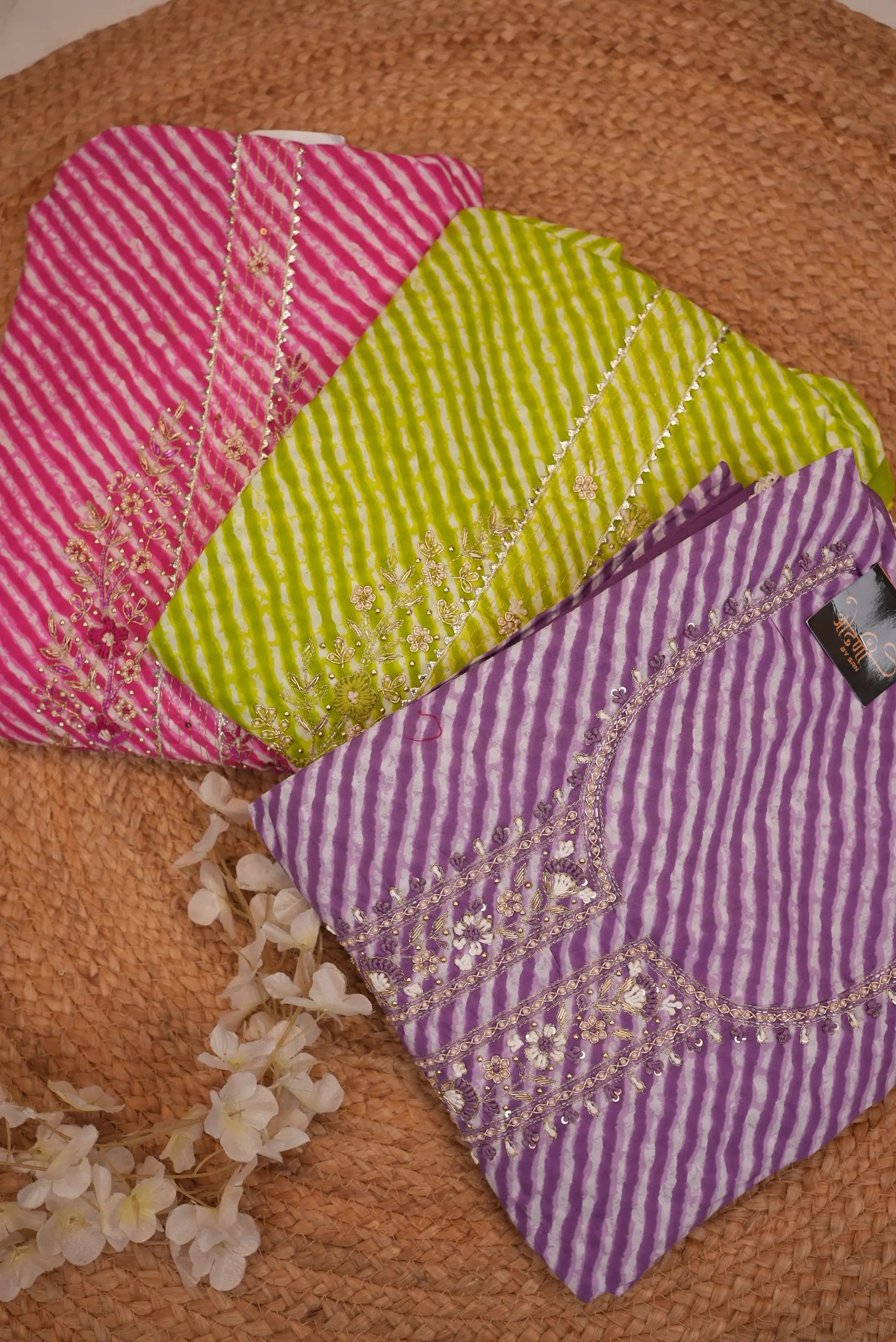 Leheriya Printed Unstitched Suit with Embellished Work