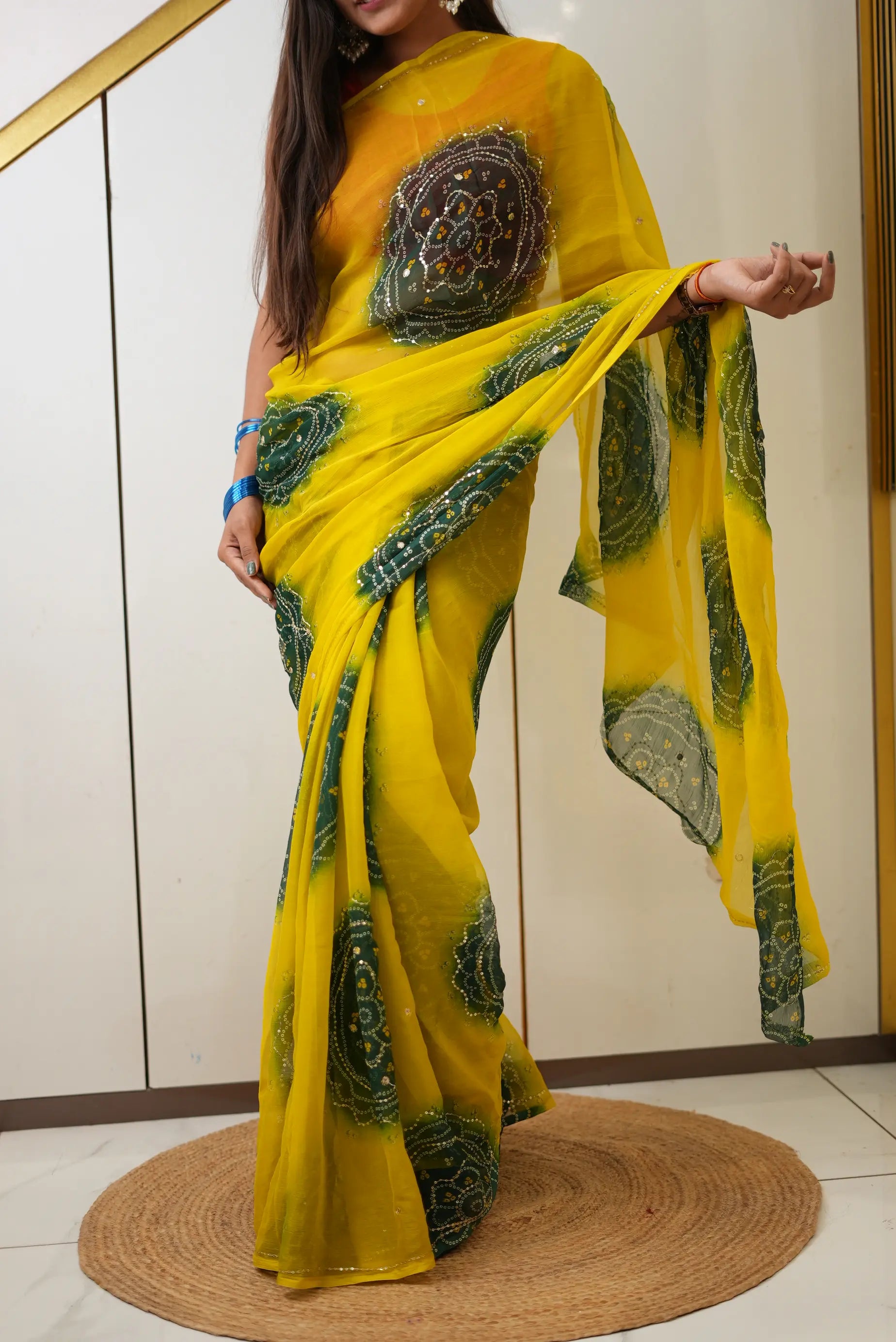 Rajputi Look Chiffon Bandhani Saree With Aari Tari Work (Without Blouse)
