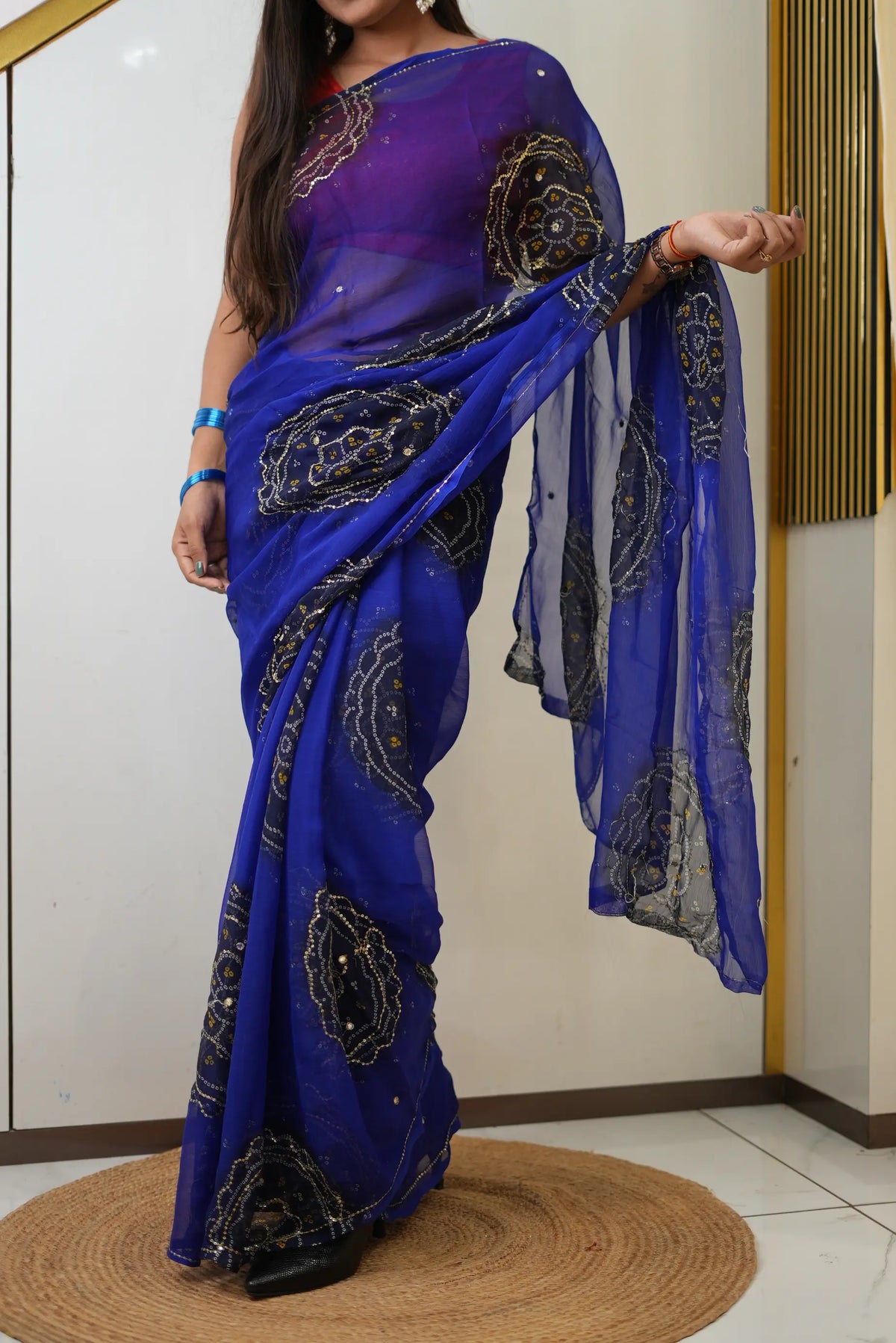 Rajputi Look Chiffon Bandhani Saree With Aari Tari Work (Without Blouse)