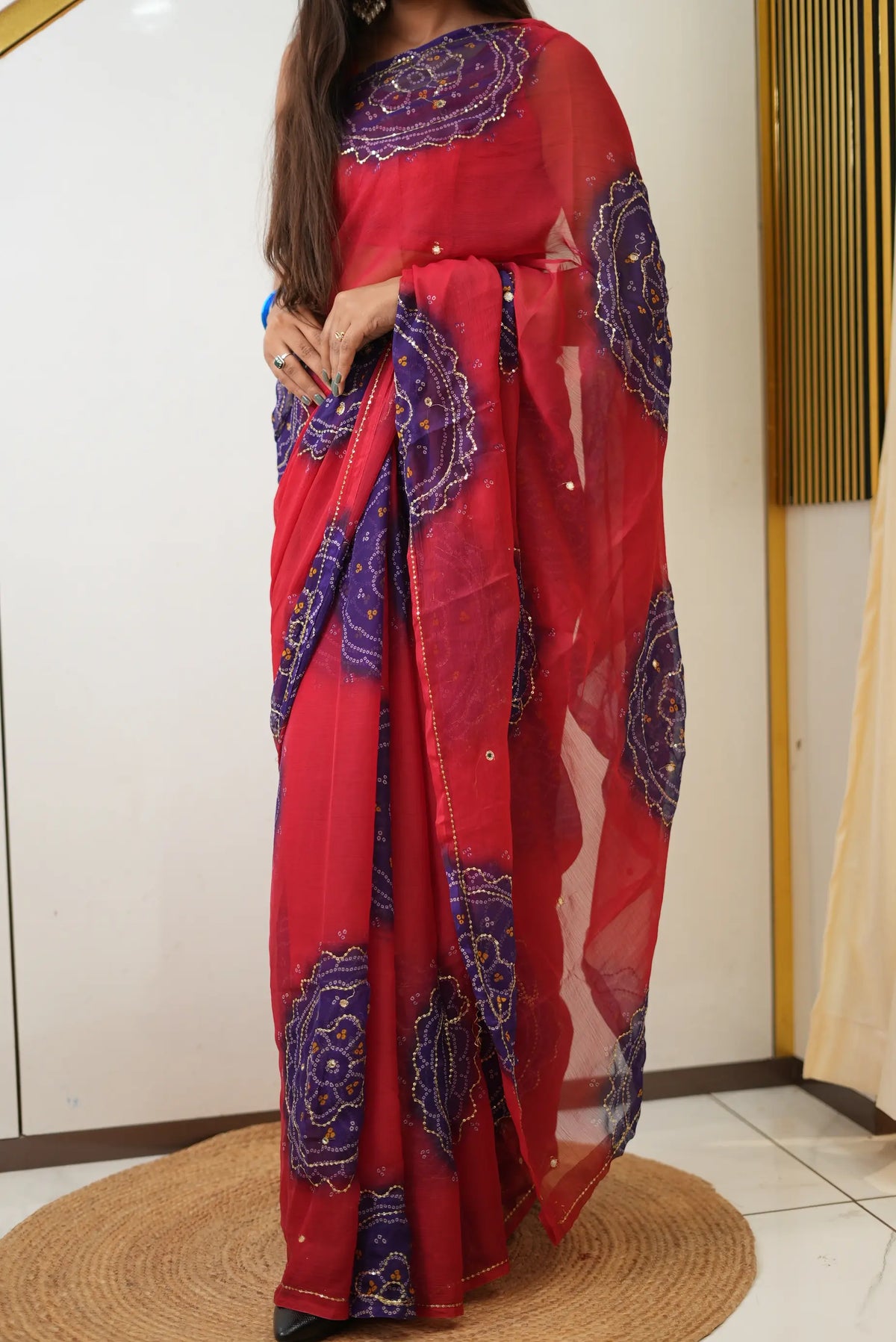 Rajputi Look Chiffon Bandhani Saree With Aari Tari Work (Without Blouse)
