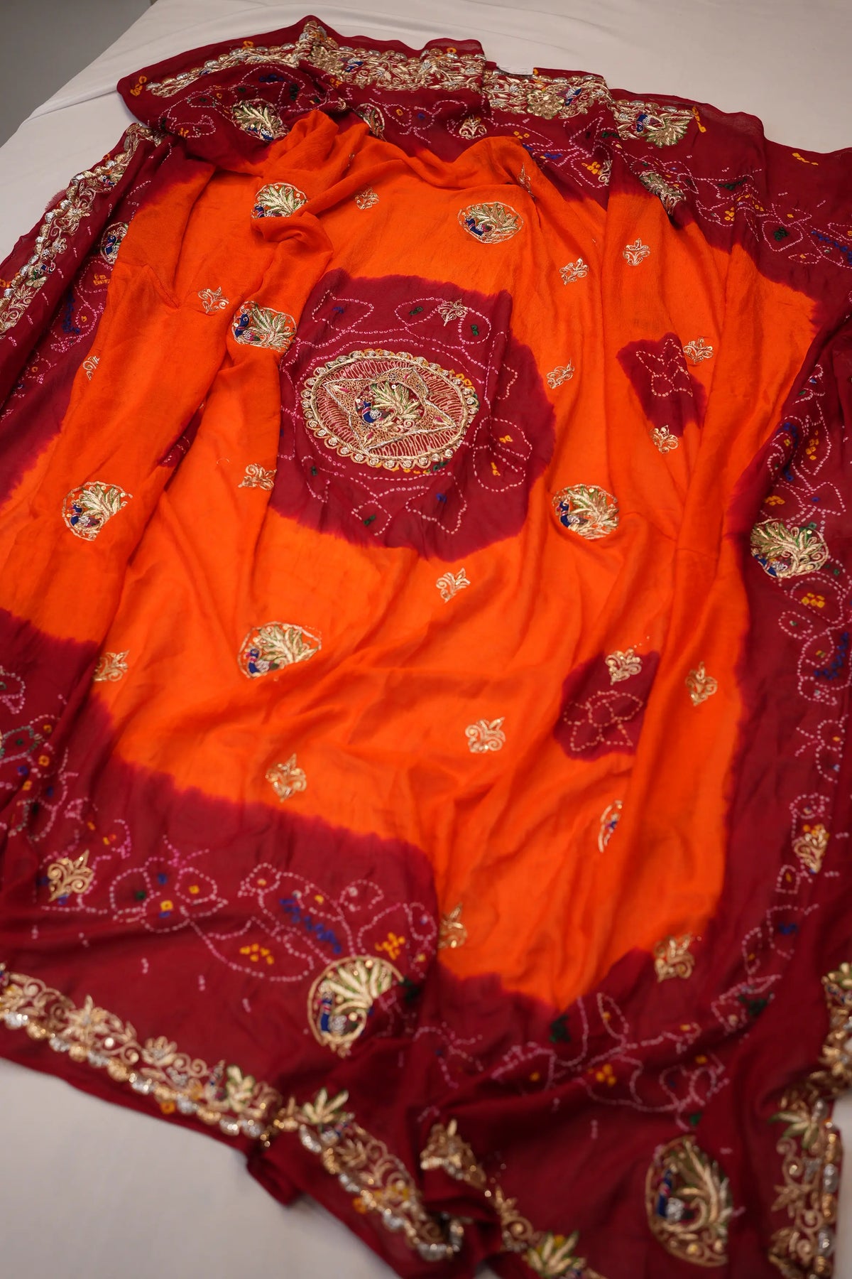 Full view of Saffron Orange and Maroon Pure Georgette Shekhawati Bandhani Pila Chunri