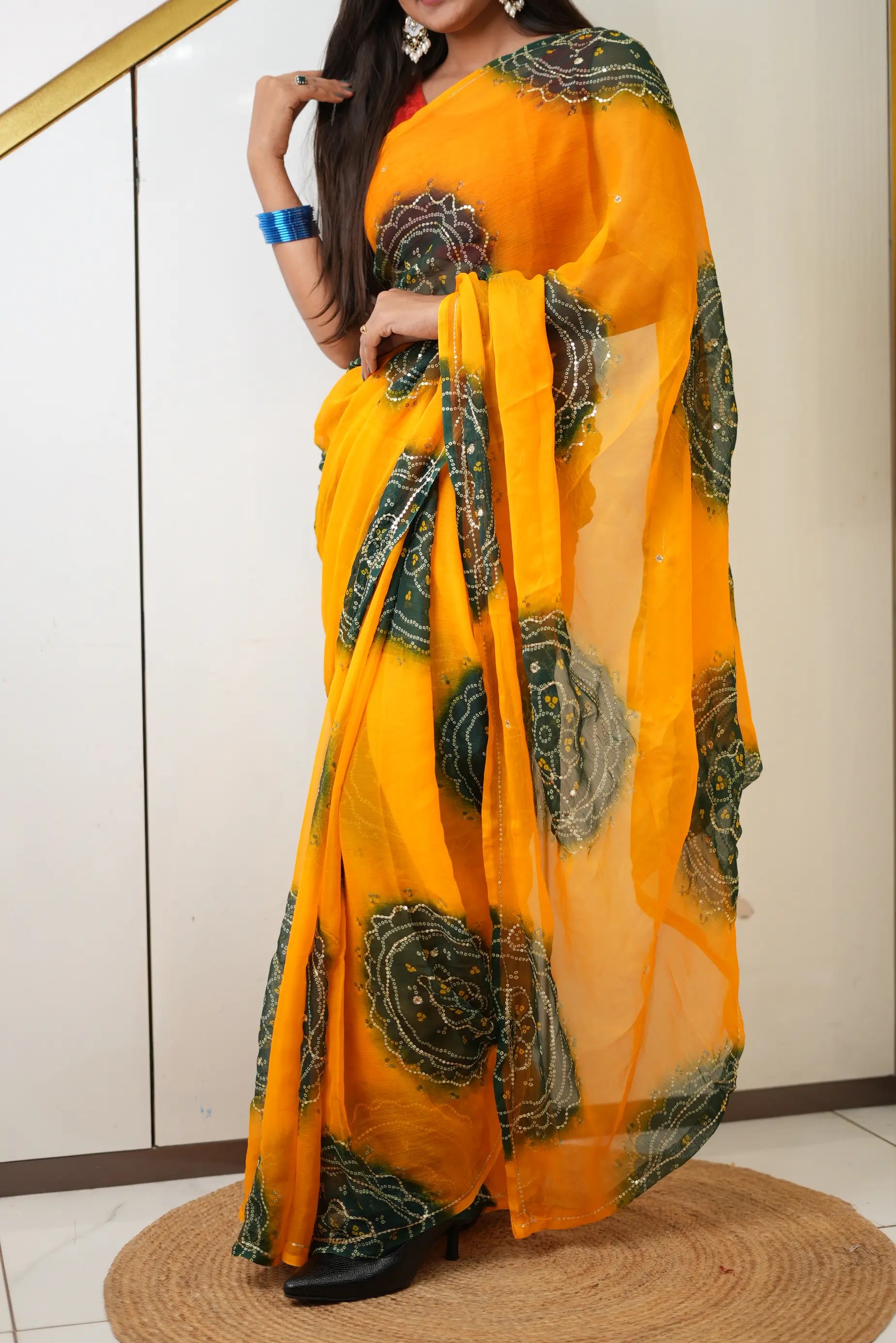 Rajputi Look Chiffon Bandhani Saree With Aari Tari Work (Without Blouse)