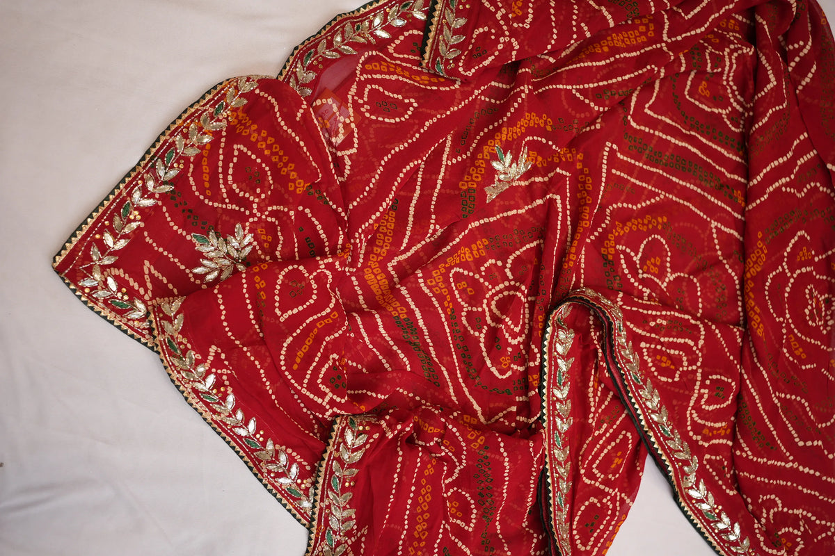 Full view of Red Viscose Georgette Shekhawati Bandhani Chunri displaying all-over Bandhej jaal and Gota Patti border