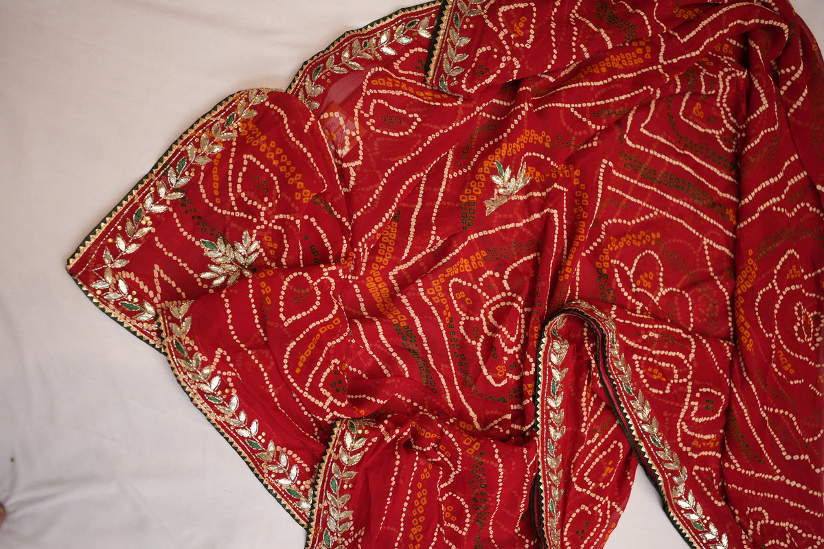 Layout view of Red Shekhawati Bandhani Chunri with handcrafted Gota leaf buttis and border design