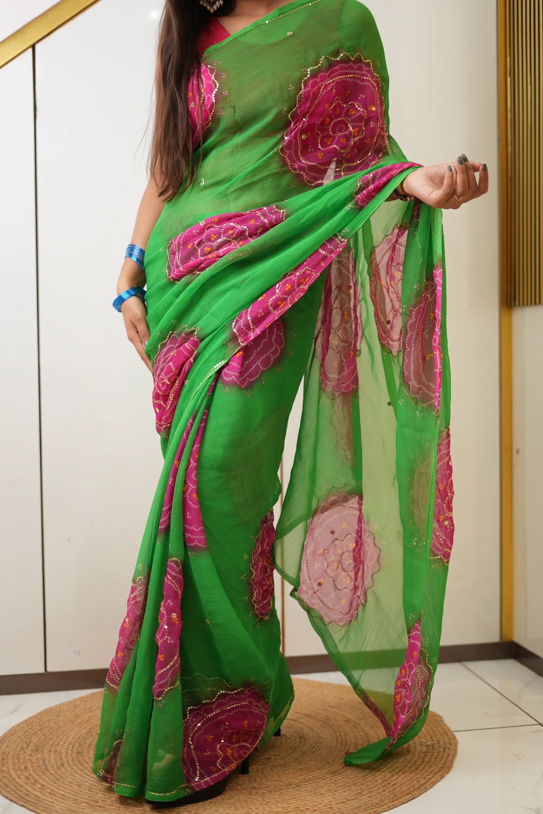Rajputi Look Chiffon Bandhani Saree With Aari Tari Work (Without Blouse)