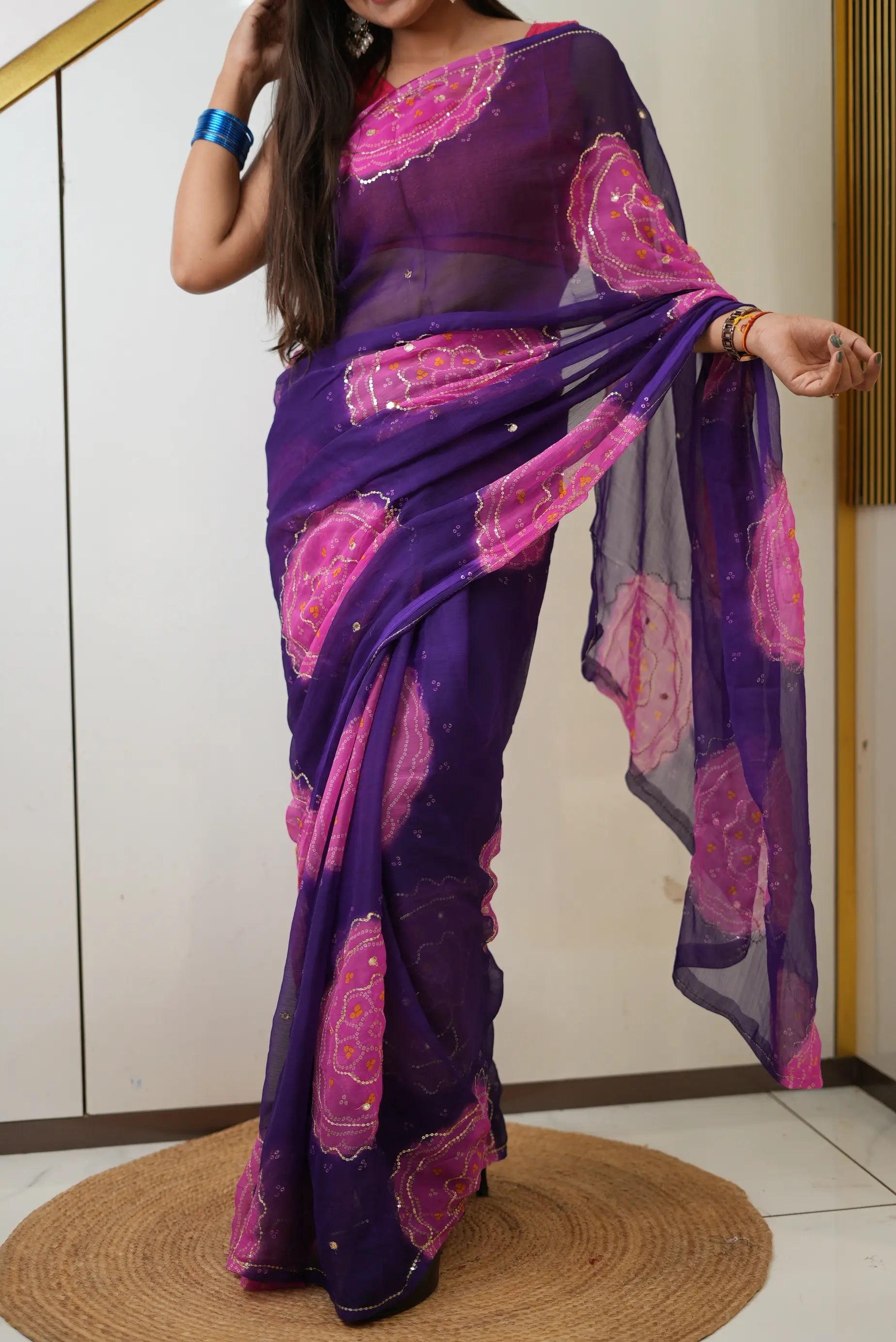 Rajputi Look Chiffon Bandhani Saree With Aari Tari Work (Without Blouse)