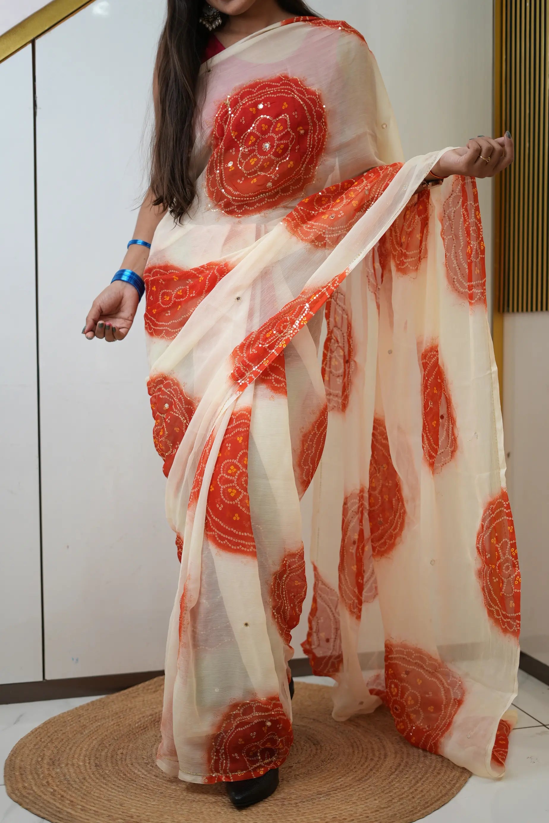 Rajputi Look Chiffon Bandhani Saree With Aari Tari Work (Without Blouse)