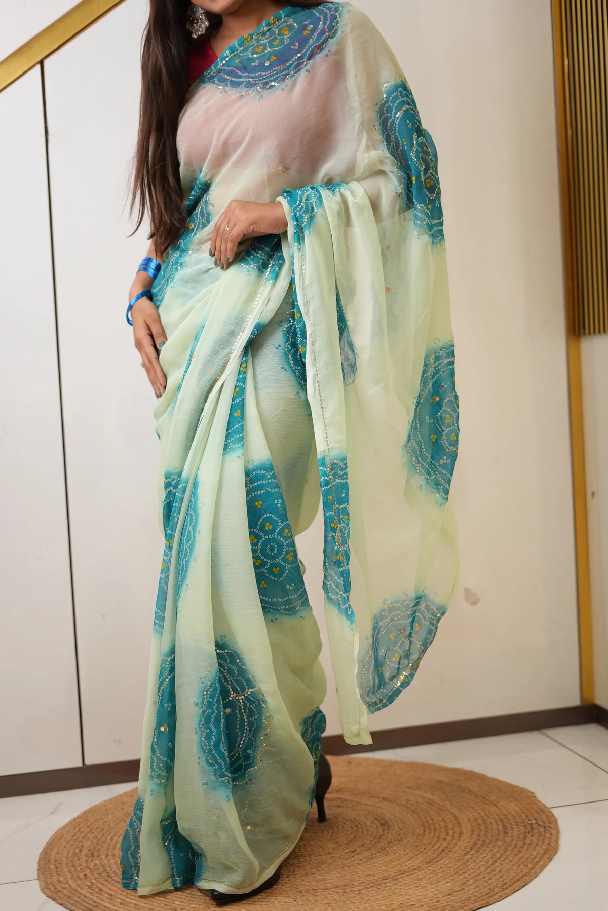 Rajputi Look Chiffon Bandhani Saree With Aari Tari Work (Without Blouse)