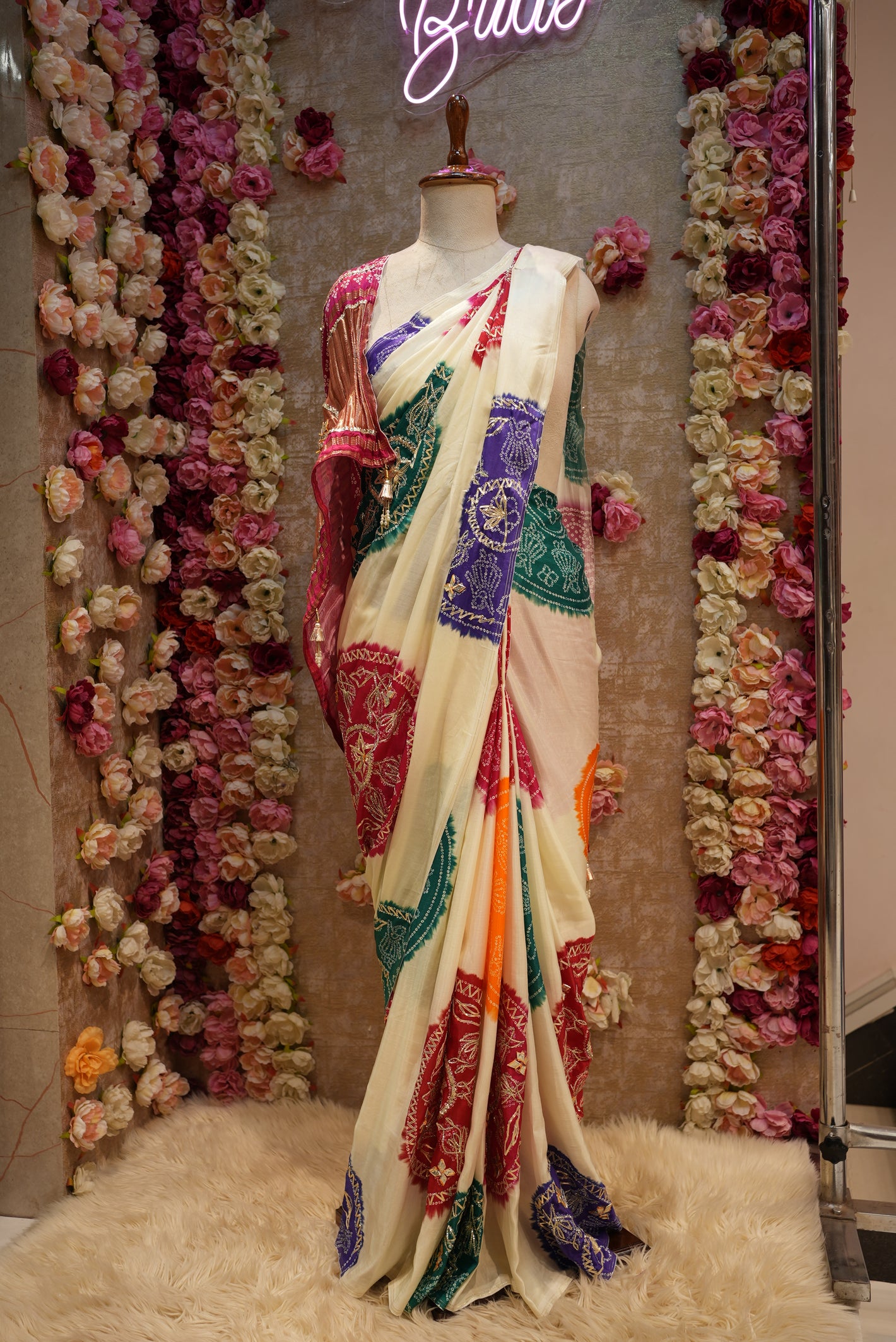 GAJJI SILK FABRIC BANDHANI SAREE WITH KACCHI GOTAPATTI WORK & MULTI COLOUR LADDU BANDHEJ WITH LAKDI PATTA DESIGN (WITH BLOUSE)     ##SR0325
