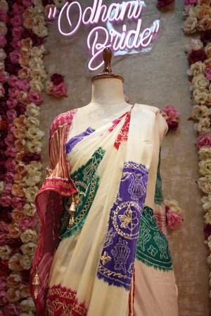 GAJJI SILK FABRIC BANDHANI SAREE WITH KACCHI GOTAPATTI WORK & MULTI COLOUR LADDU BANDHEJ WITH LAKDI PATTA DESIGN (WITH BLOUSE)     ##SR0325