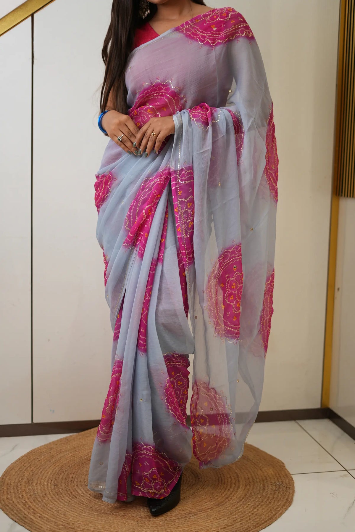 Rajputi Look Chiffon Bandhani Saree With Aari Tari Work (Without Blouse)
