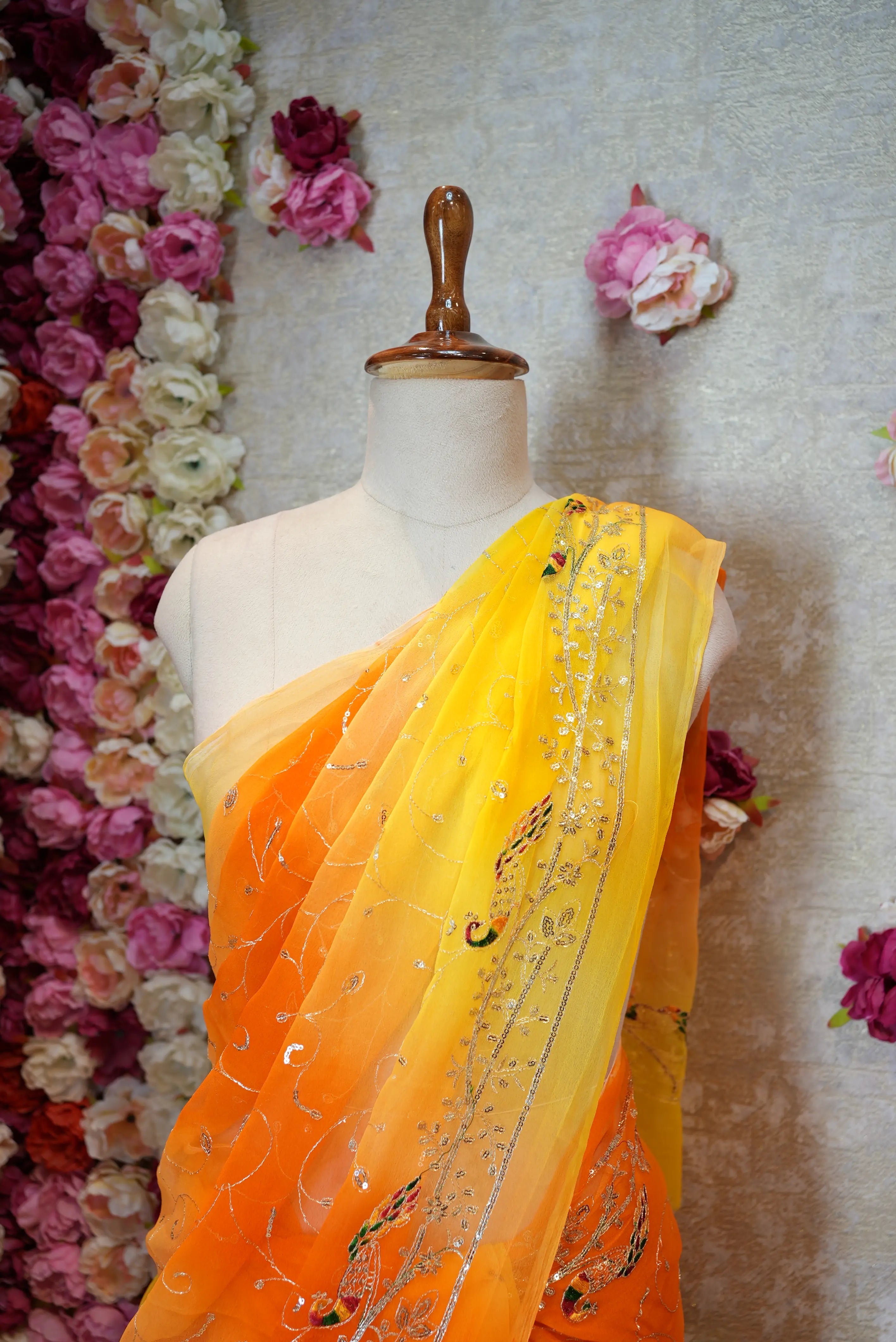 Multicolor Royal Georgette Darbari Saree with Peacock & Jaal Design