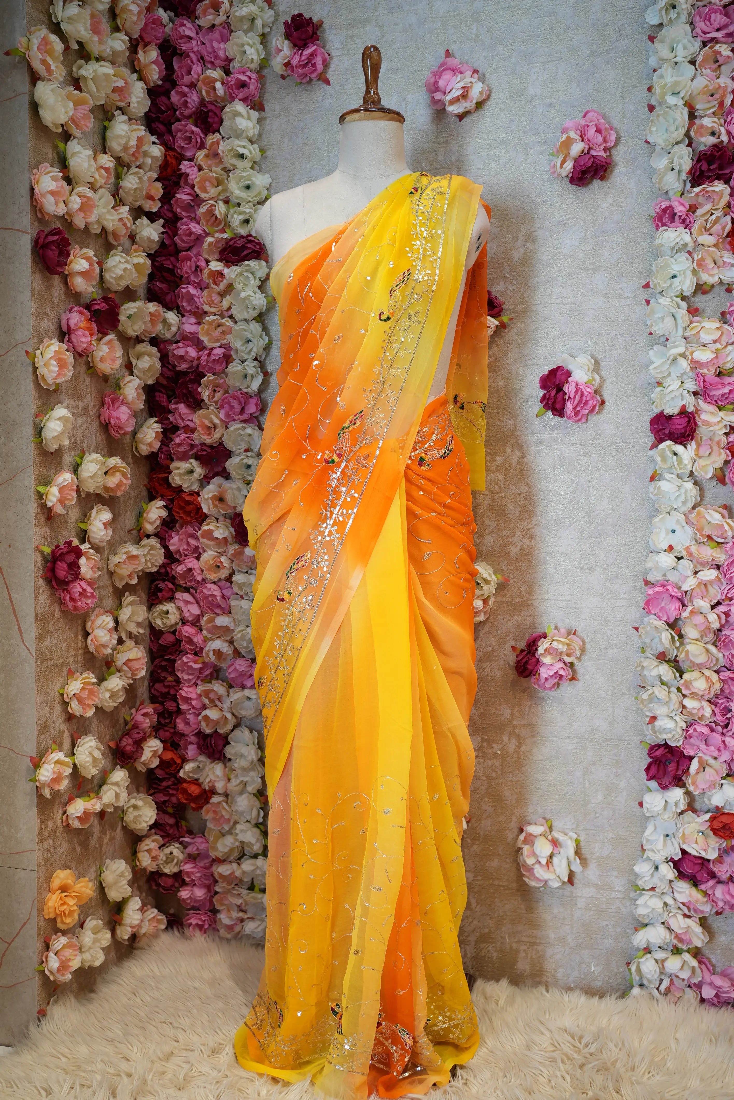 Multicolor Royal Georgette Darbari Saree with Peacock & Jaal Design
