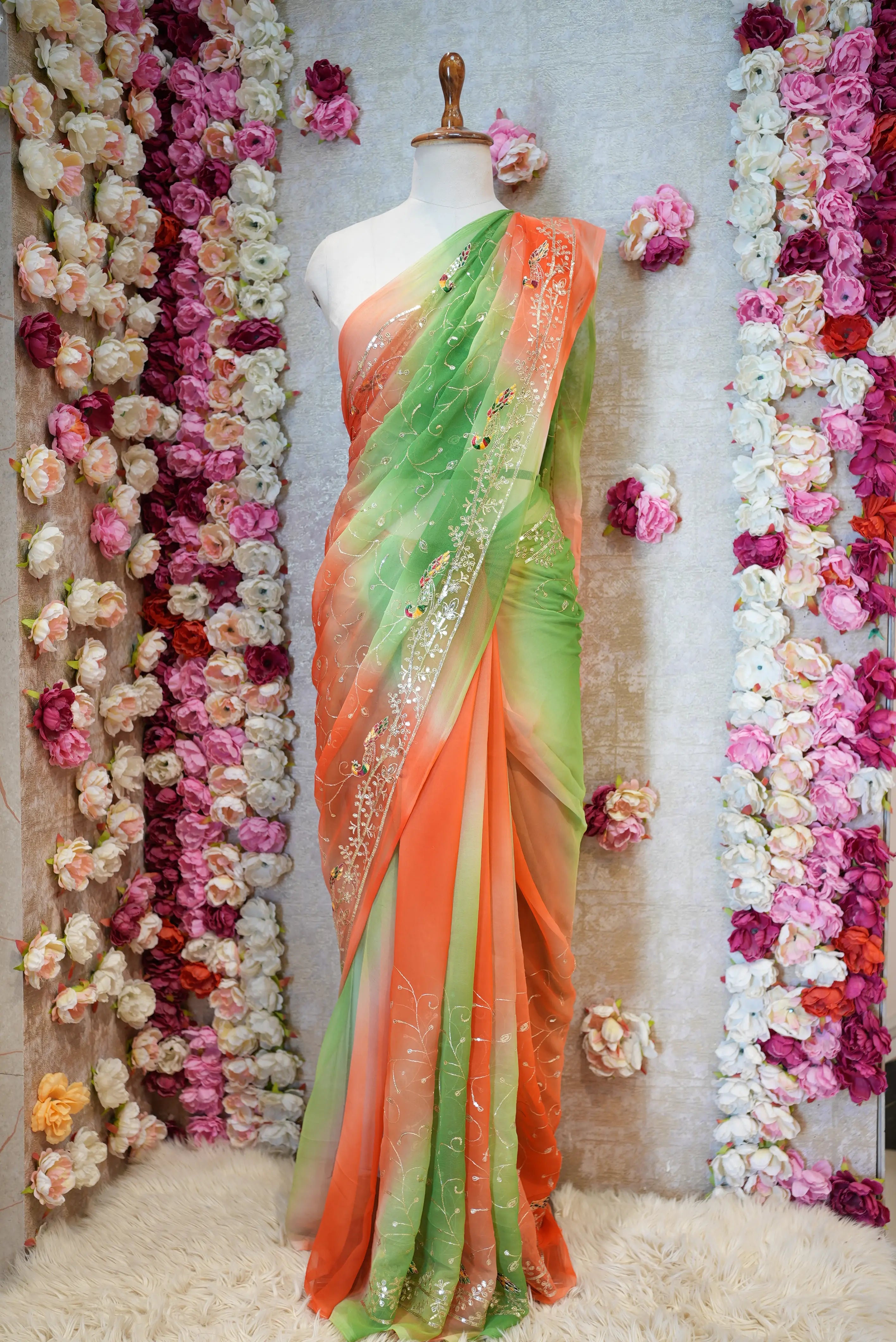 Multicolor Royal Georgette Darbari Saree with Peacock & Jaal Design