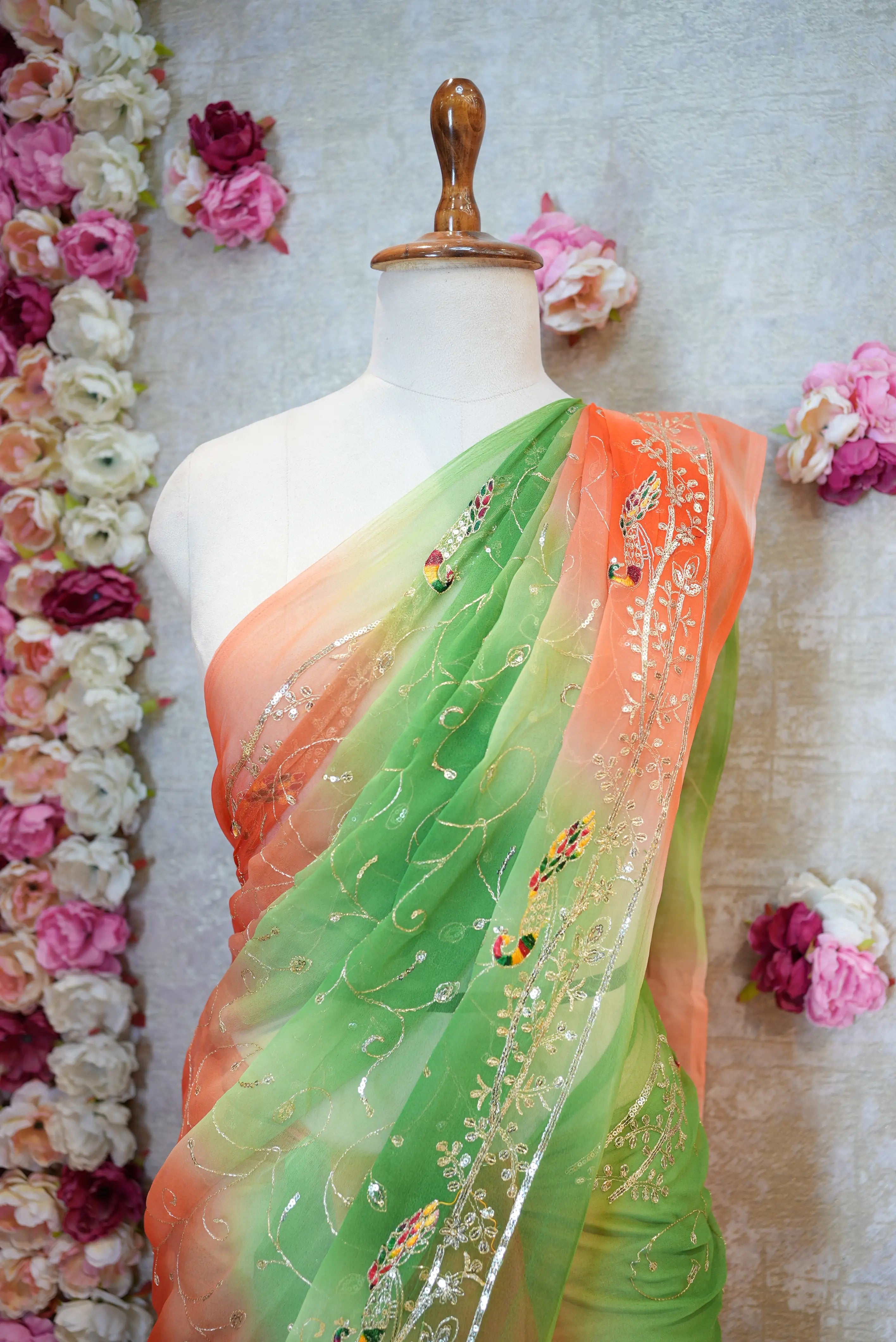 Multicolor Royal Georgette Darbari Saree with Peacock & Jaal Design