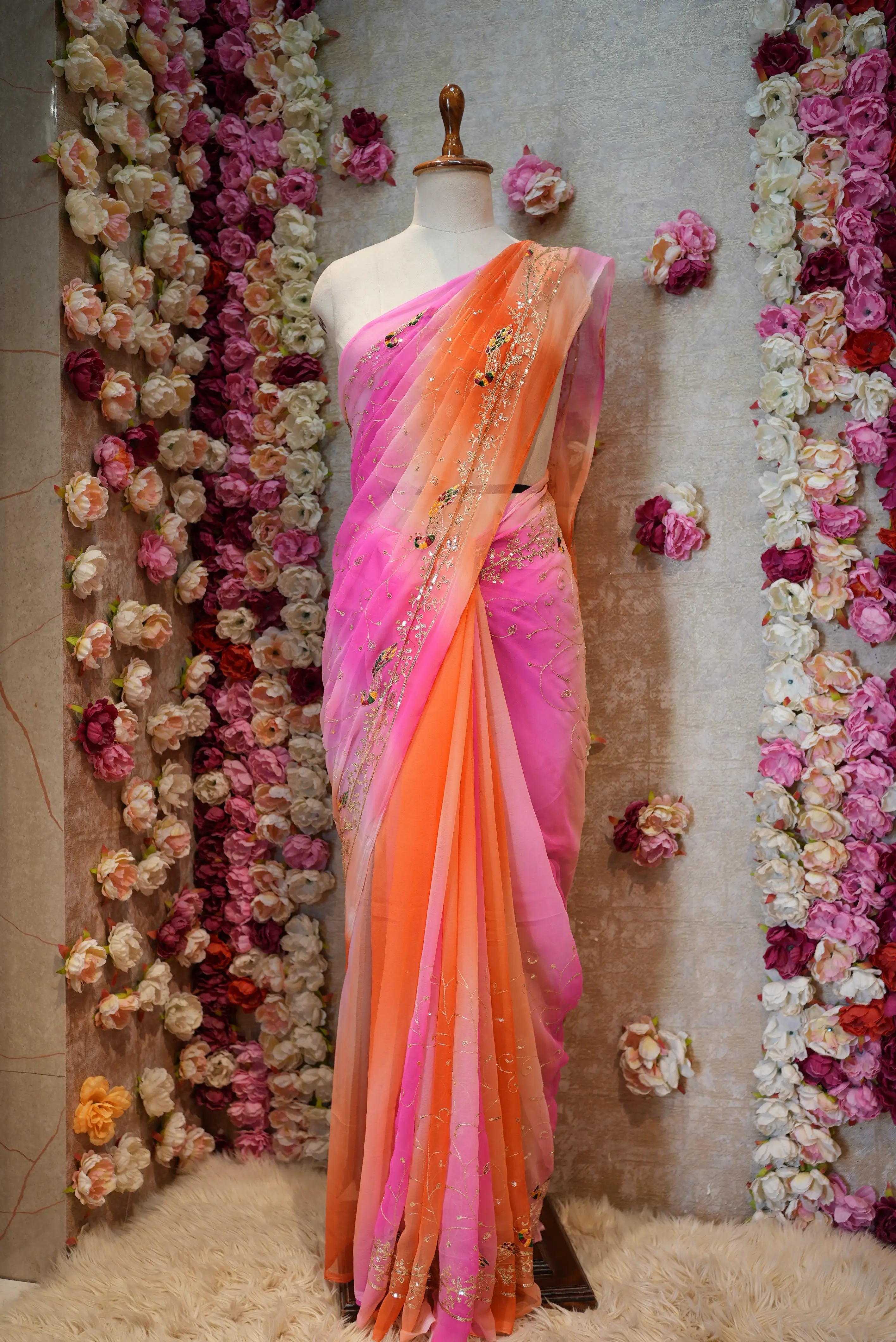 Multicolor Royal Georgette Darbari Saree with Peacock & Jaal Design