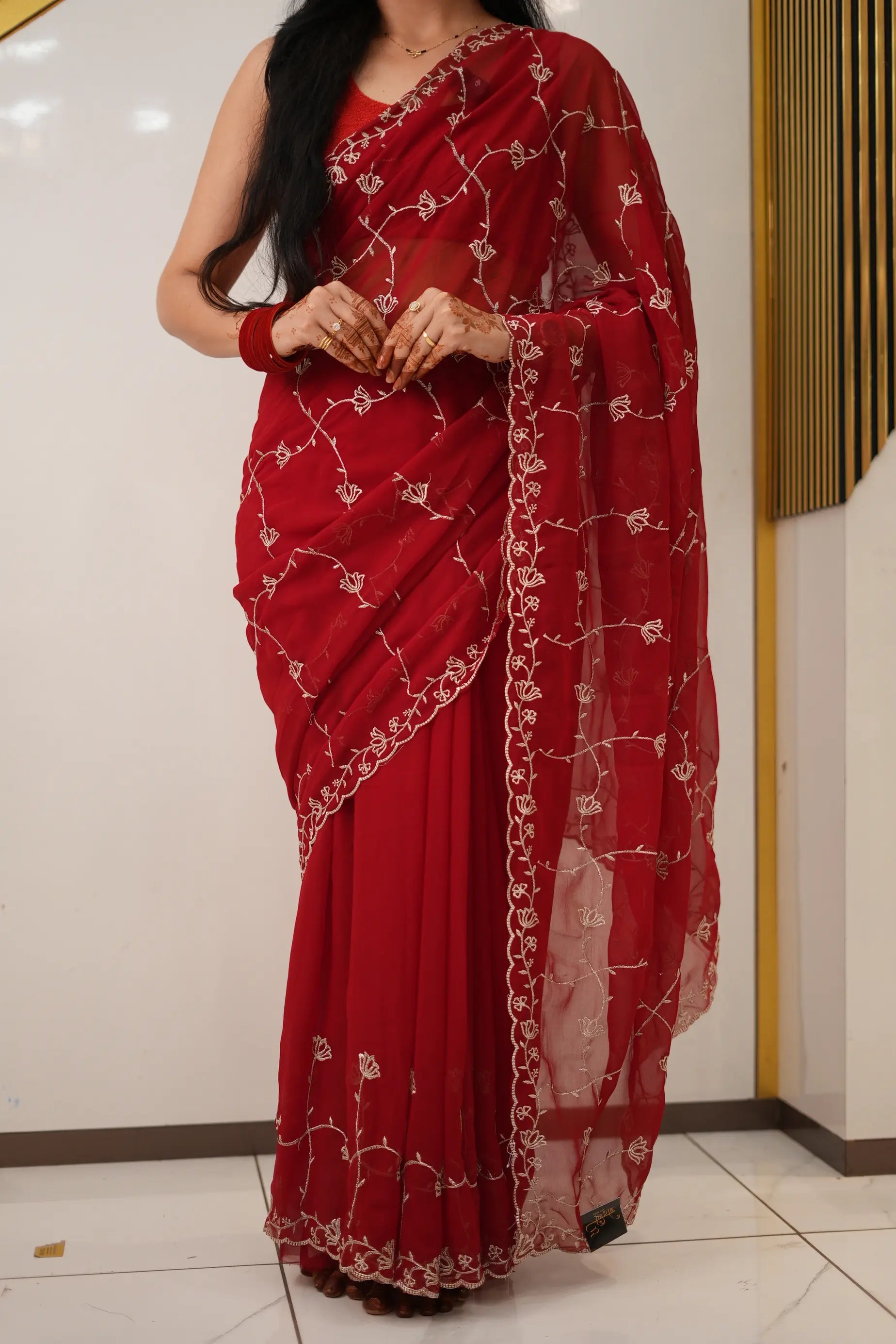 Red Georgette Jaal Saree with Embroidered Scallop Border Odhani By SRN