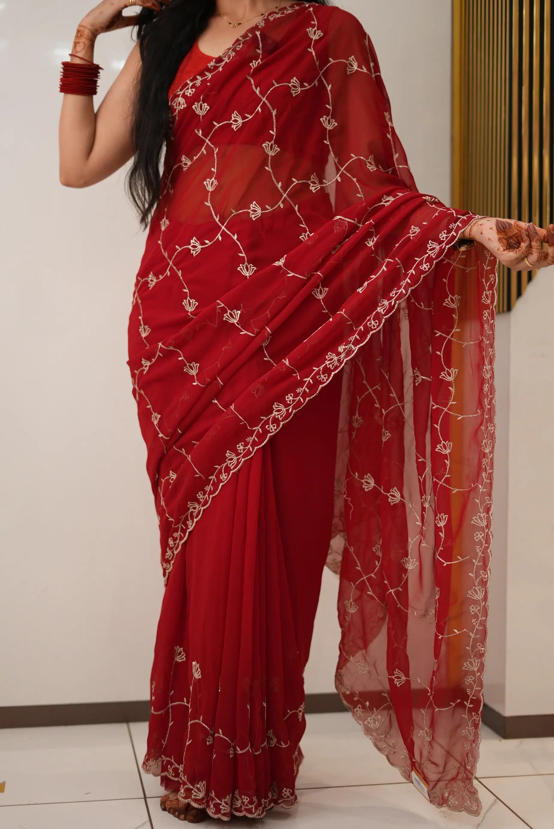 Designer Red Georgette Floral Embroidery Saree for Weddings