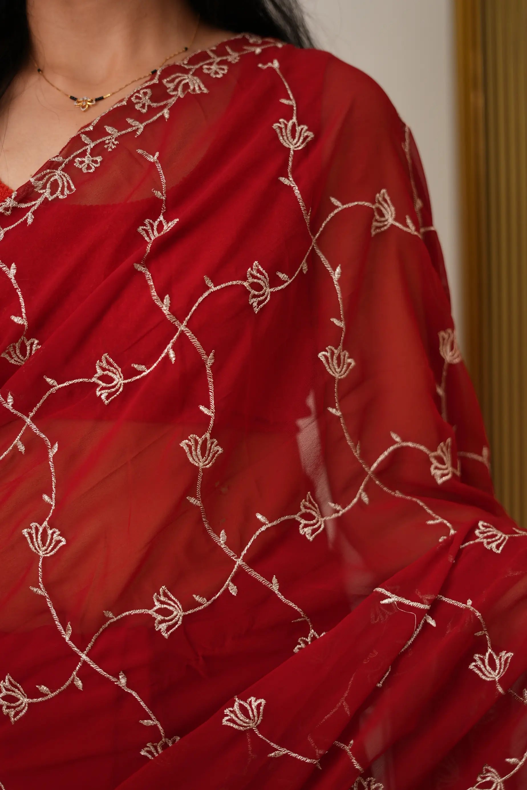 Cutwork Scallop Border Red Embroidered Saree Odhani By SRN