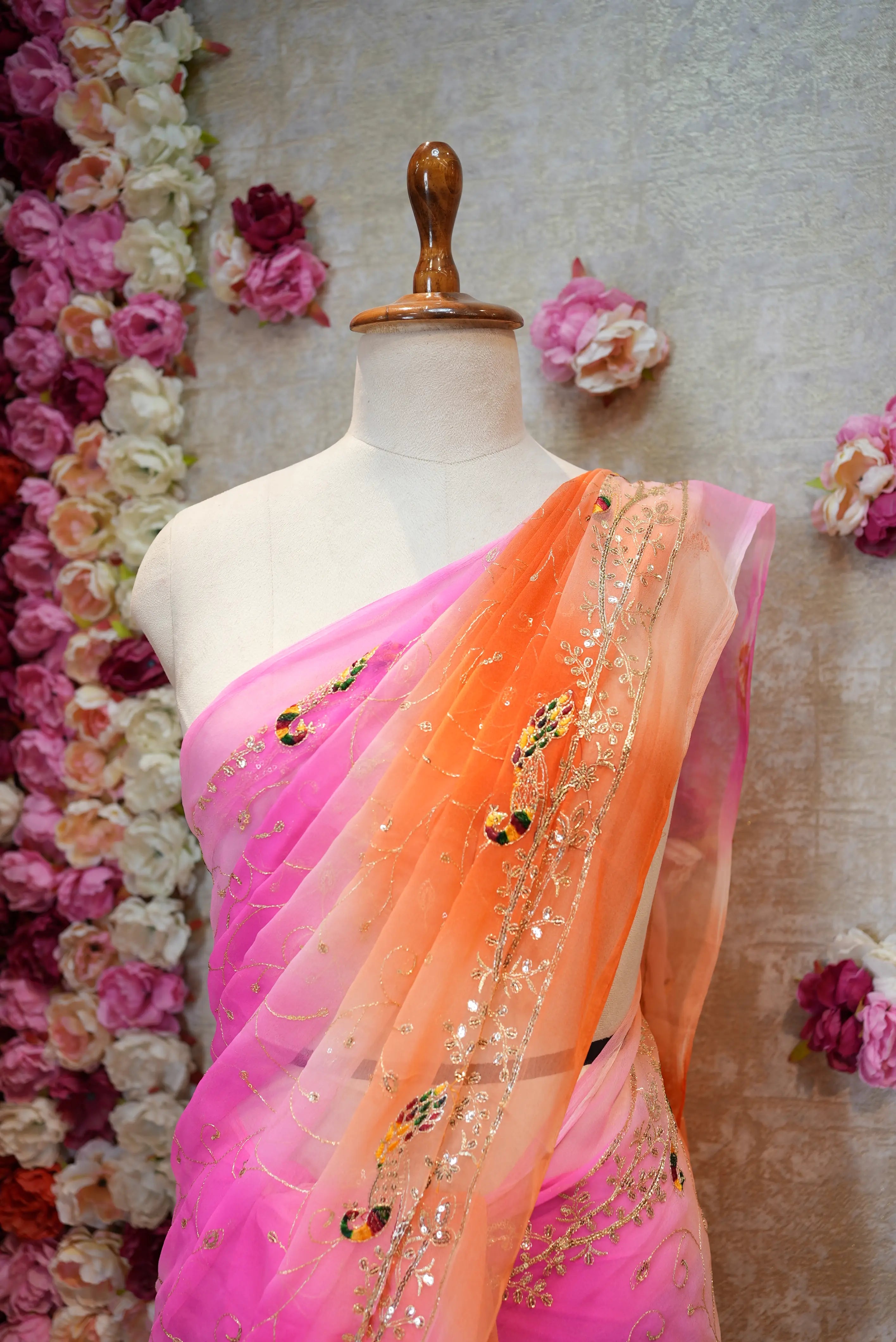 Multicolor Royal Georgette Darbari Saree with Peacock & Jaal Design