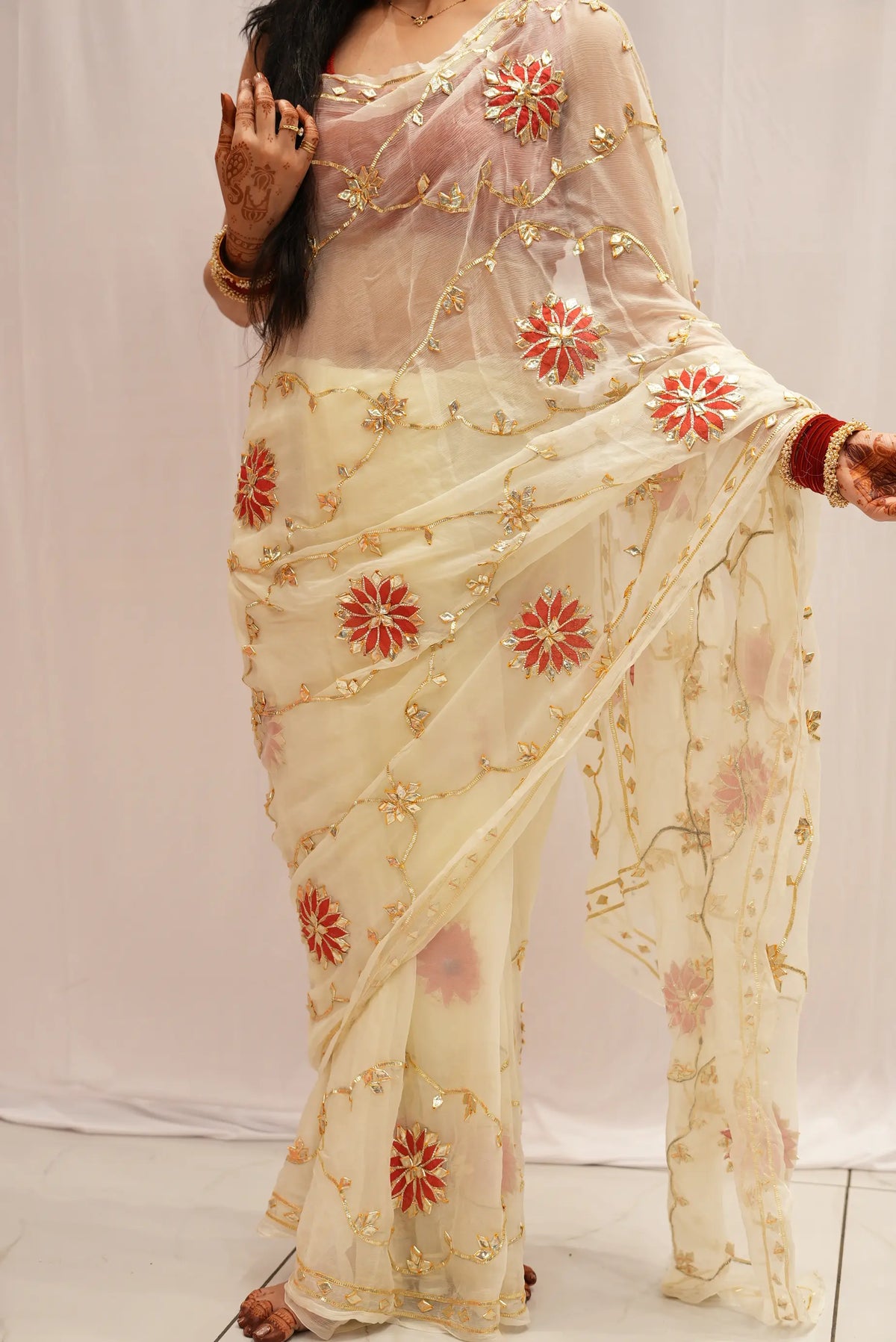 Off white pure chiffon gota patti handwork saree in jaal pattern full drape view by Odhani by SRN