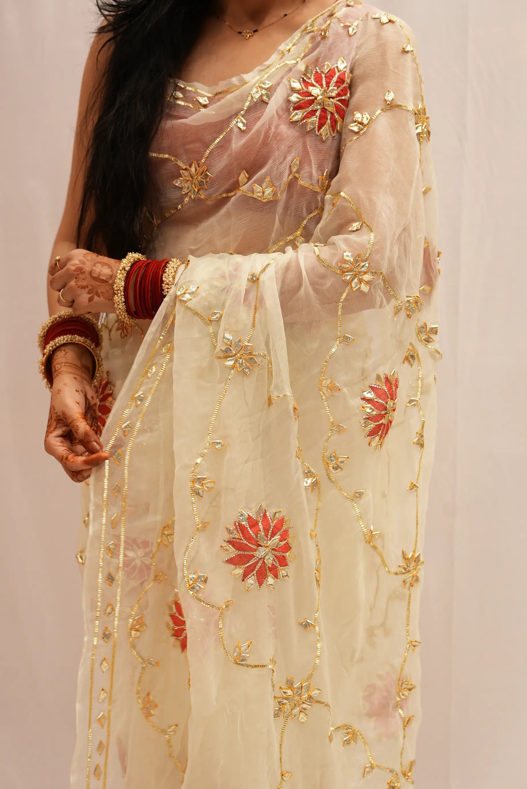 Handwork gota patti jaal pattern saree pallu drape on pure chiffon fabric by Odhani by SRN