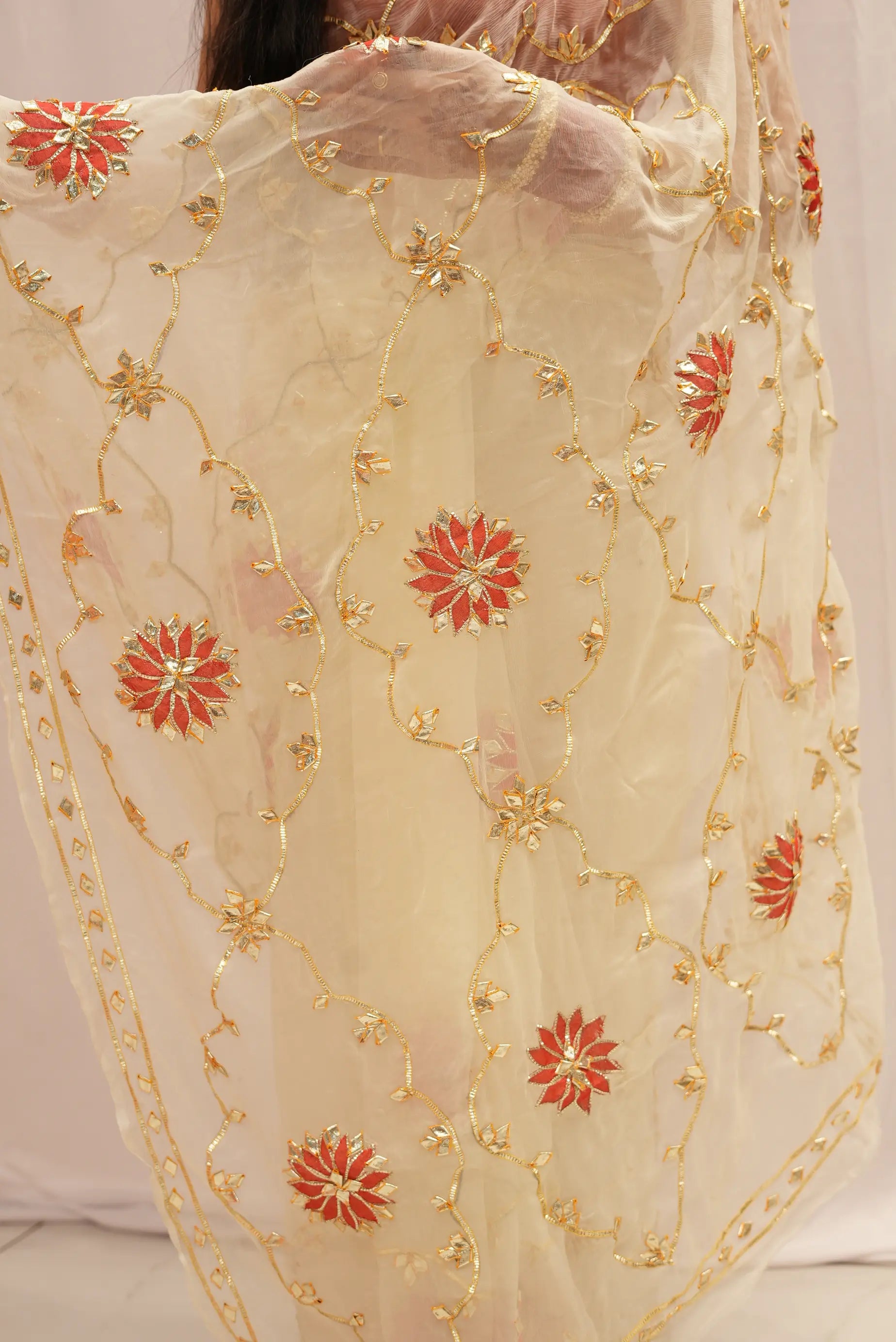 Red floral motif and gold gota patti jaal work on cream chiffon saree by Odhani by SRN