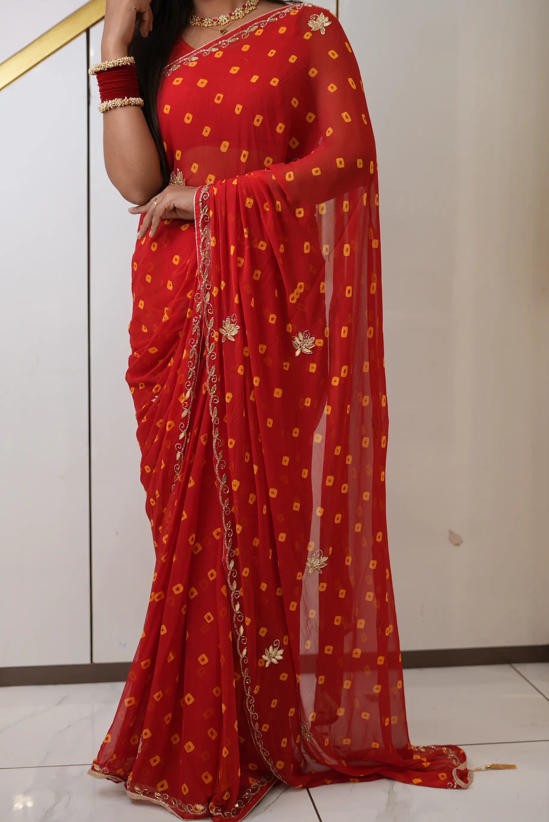 Red Traditional Bandhani Saree with Cut Dana Zari Border Work by Odhani by SRN