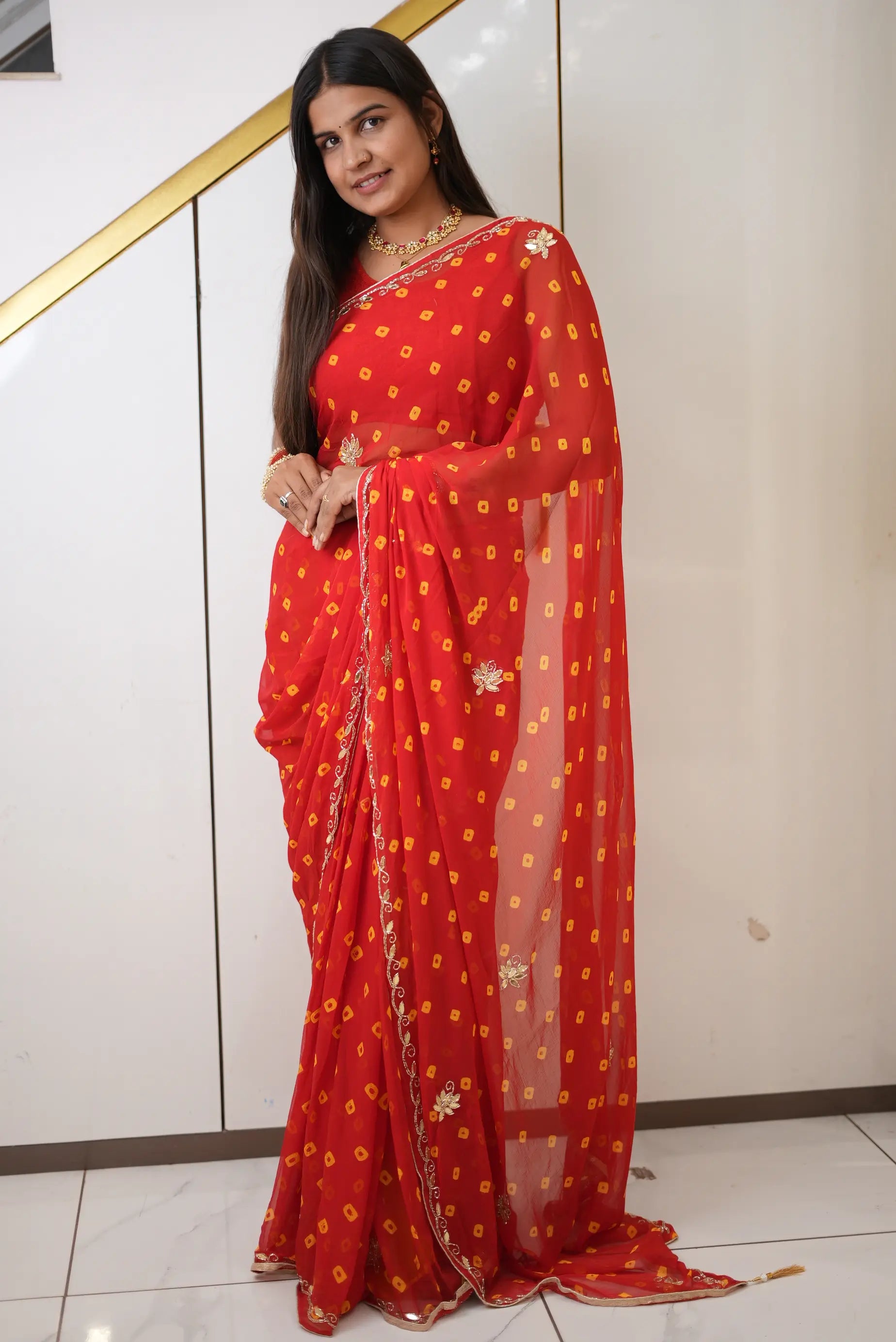 Red Traditional Bandhani Saree with Cut Dana Zari Border Work by Odhani by SRN