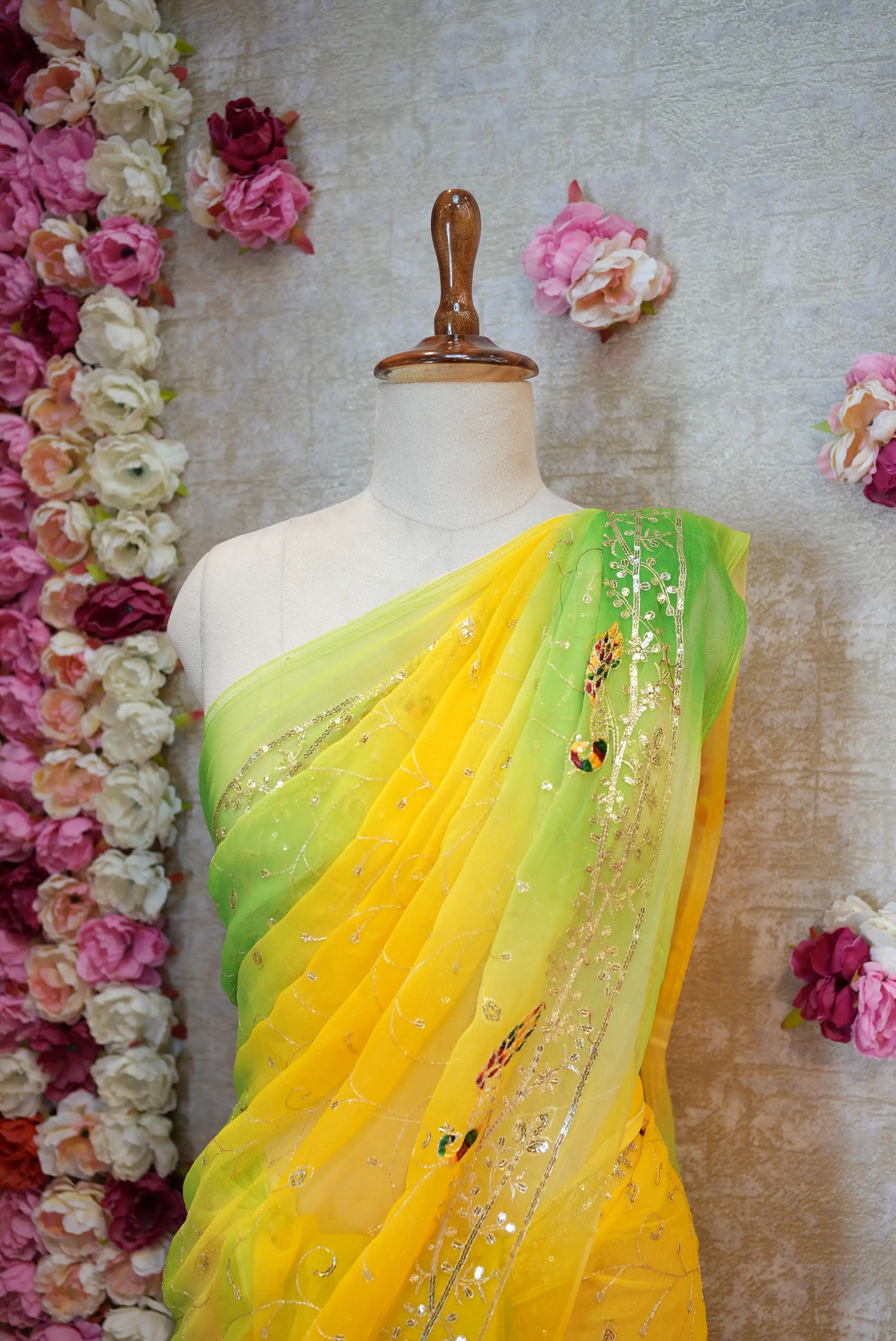 Multicolor Royal Georgette Darbari Saree with Peacock & Jaal Design