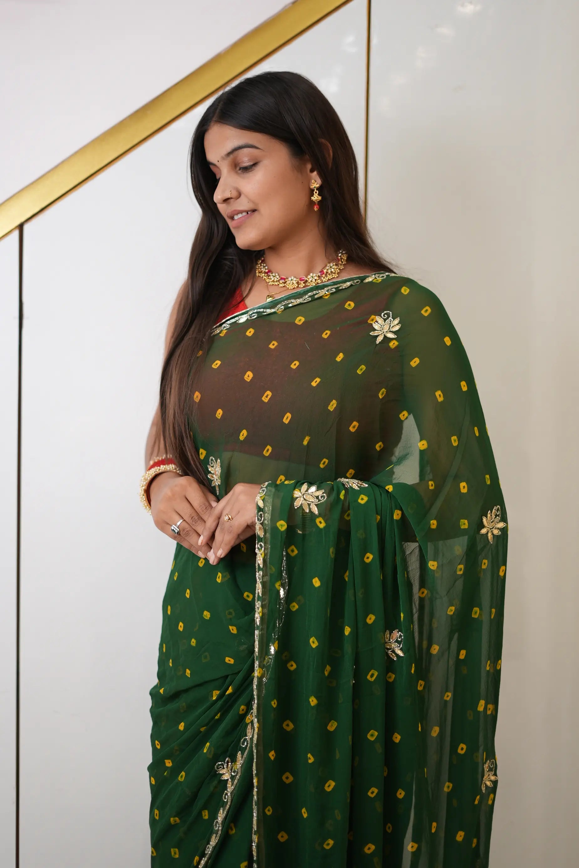 Bottle Green Bandhani Saree with Cut Dana Work and Blouse Piece Odhani by SRN