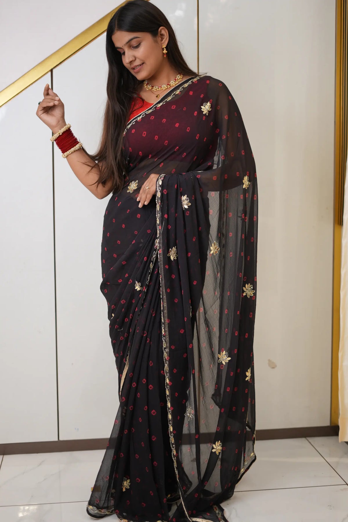Black Bandhani Saree with Cut Dana Work and Blouse Piece Odhani by SRN