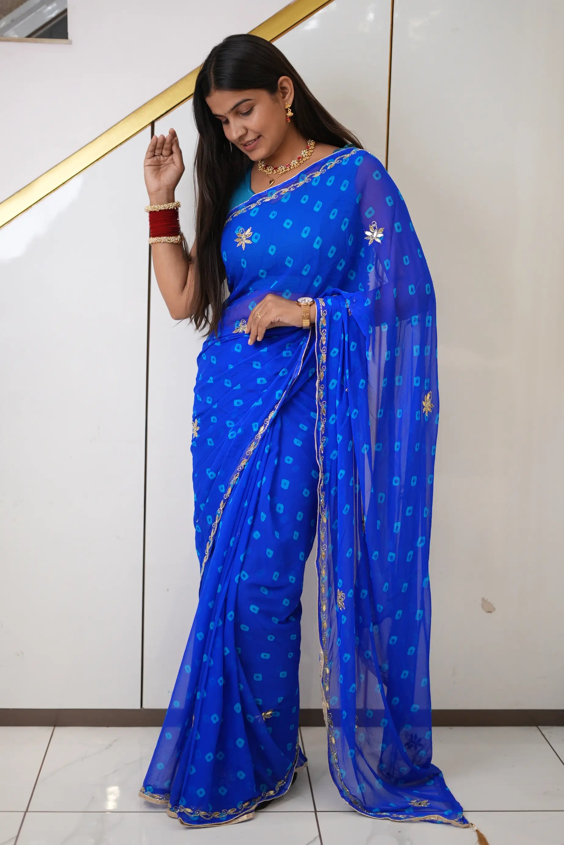 Blue Bandhani Saree with Cut Dana Work and Blouse Piece Odhani by SRN