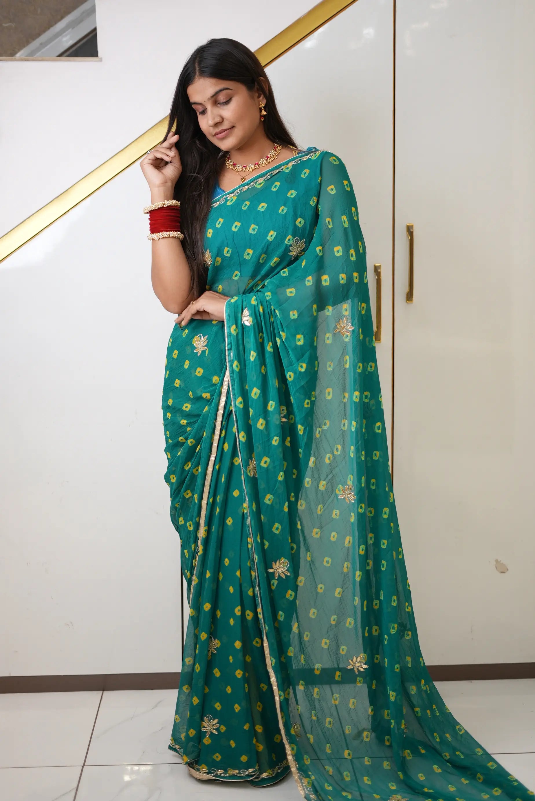 Rama Green Bandhani Saree with Cut Dana Work and Blouse Piece Odhani by SRN