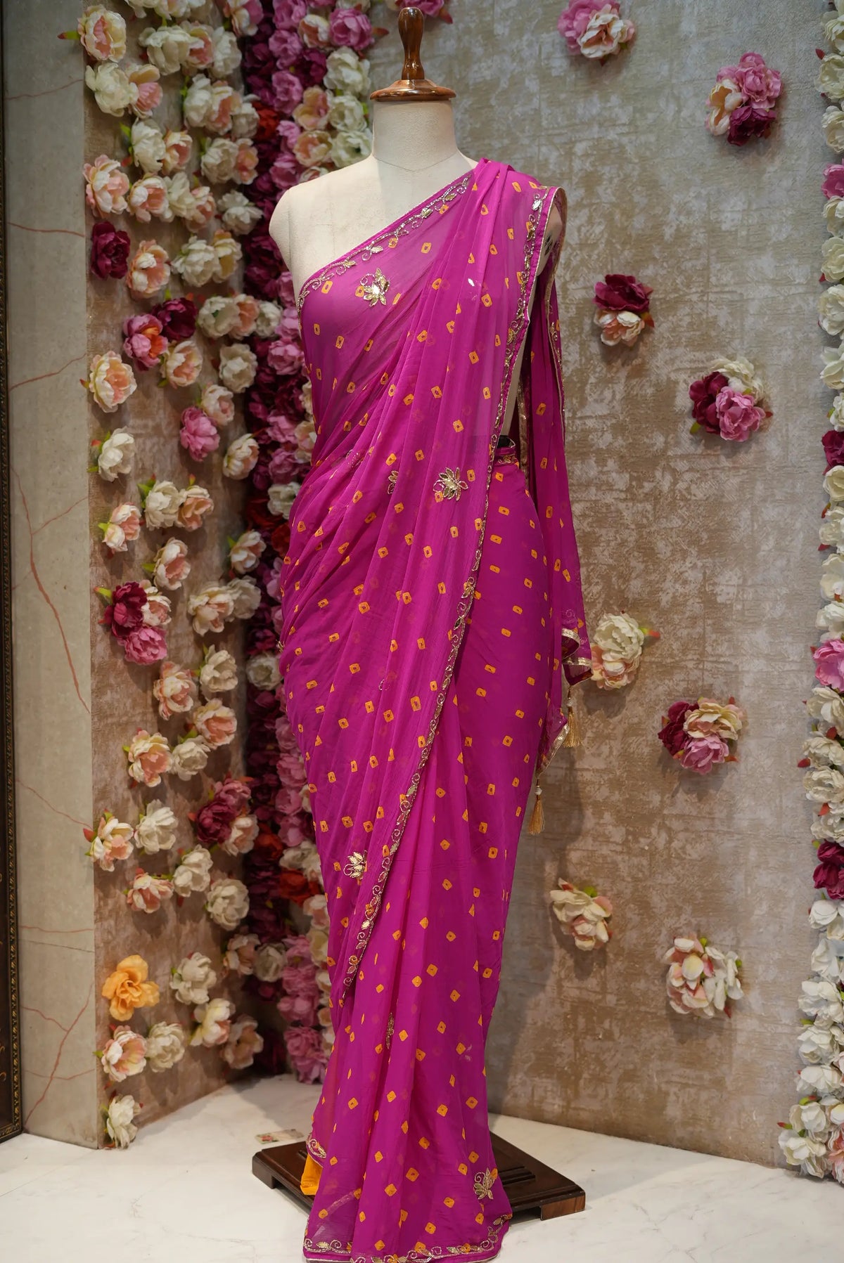 Pink Bandhani Saree with Cut Dana Work and Blouse Piece Odhani by SRN