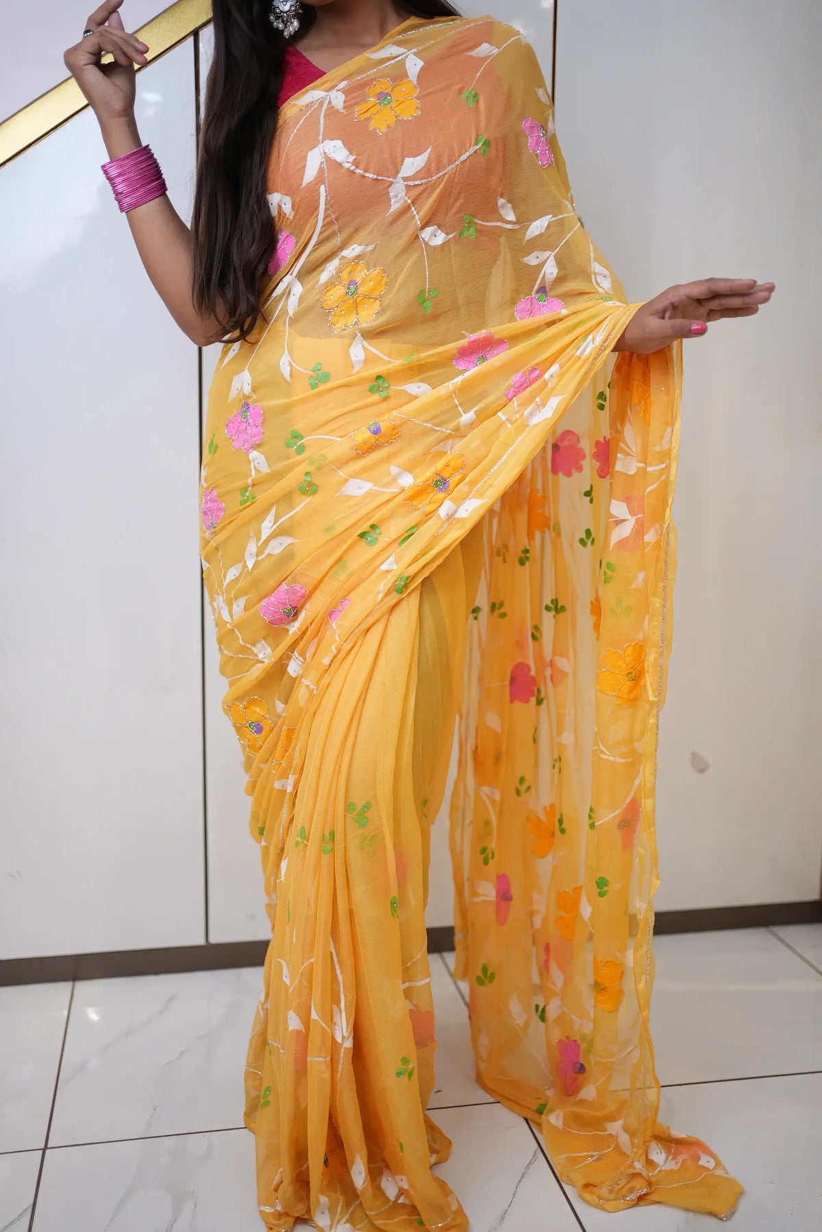 Sunshine Yellow Floral Print Royal Chiffon Saree with Cut Dana Embroidery Odhani by SRN