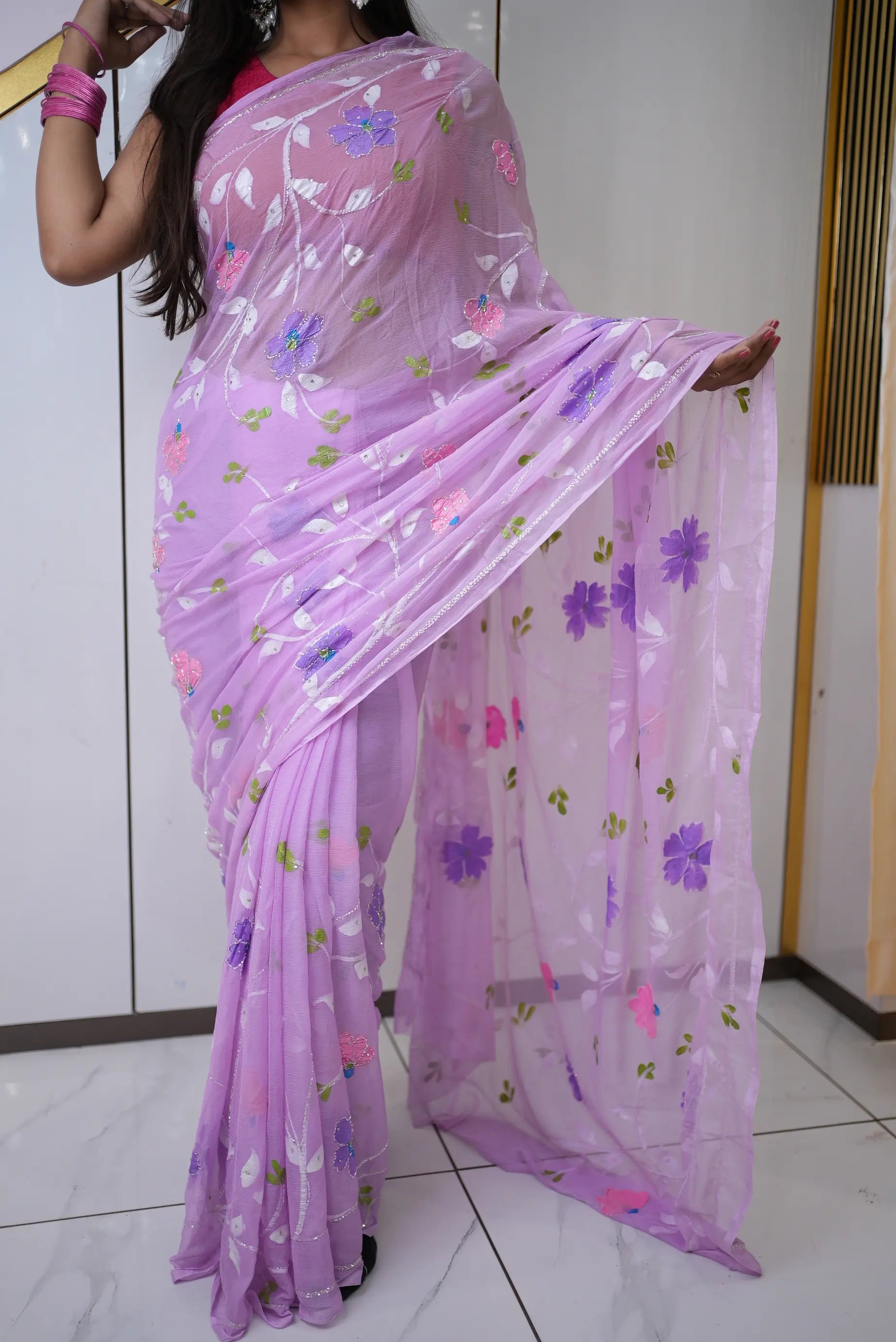 Lavender Lilac Floral Print Royal Chiffon Saree Full Drape Odhani by SRN