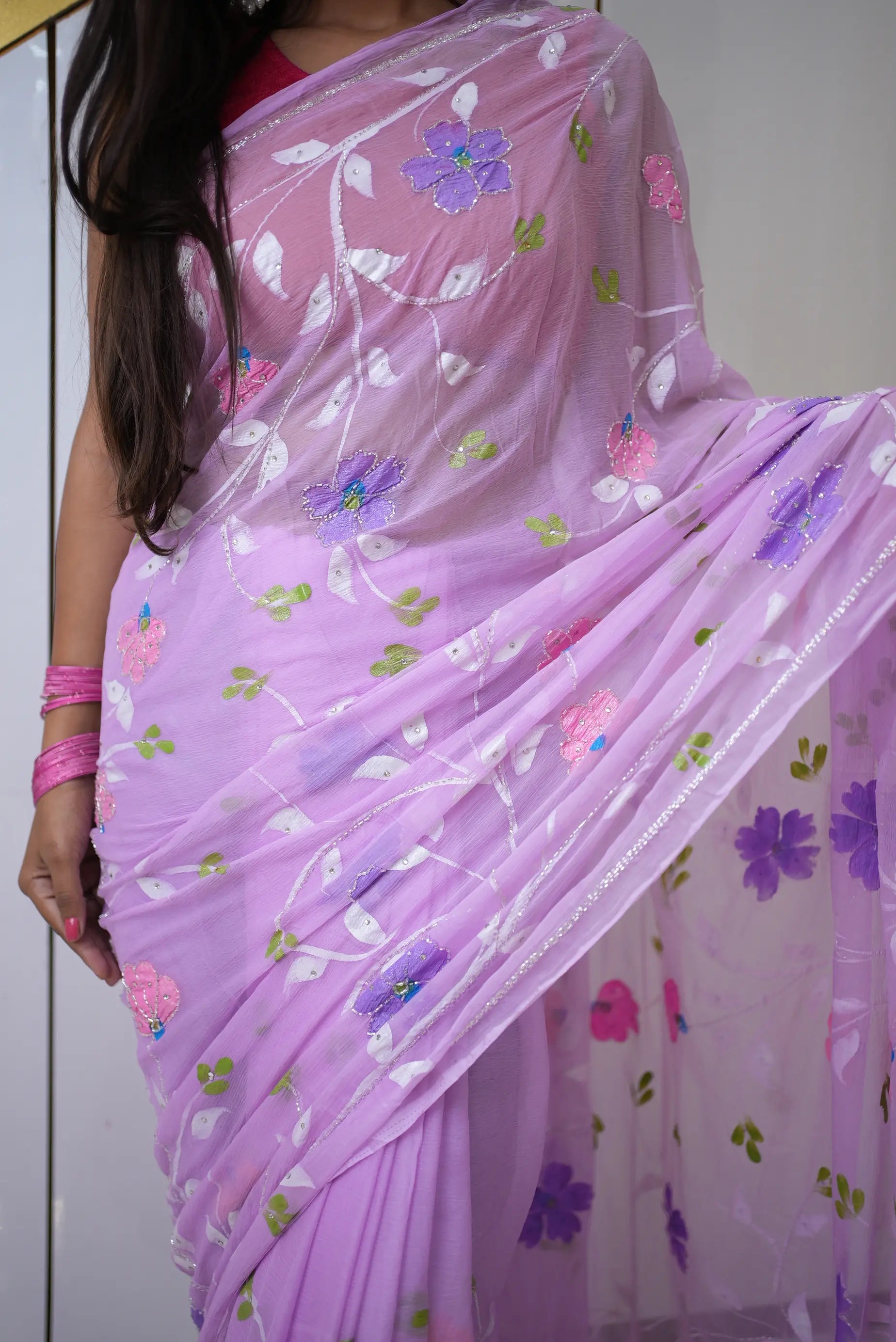 Close-up of Lilac Chiffon Saree showing Cut Dana Bead Work on Floral Motifs