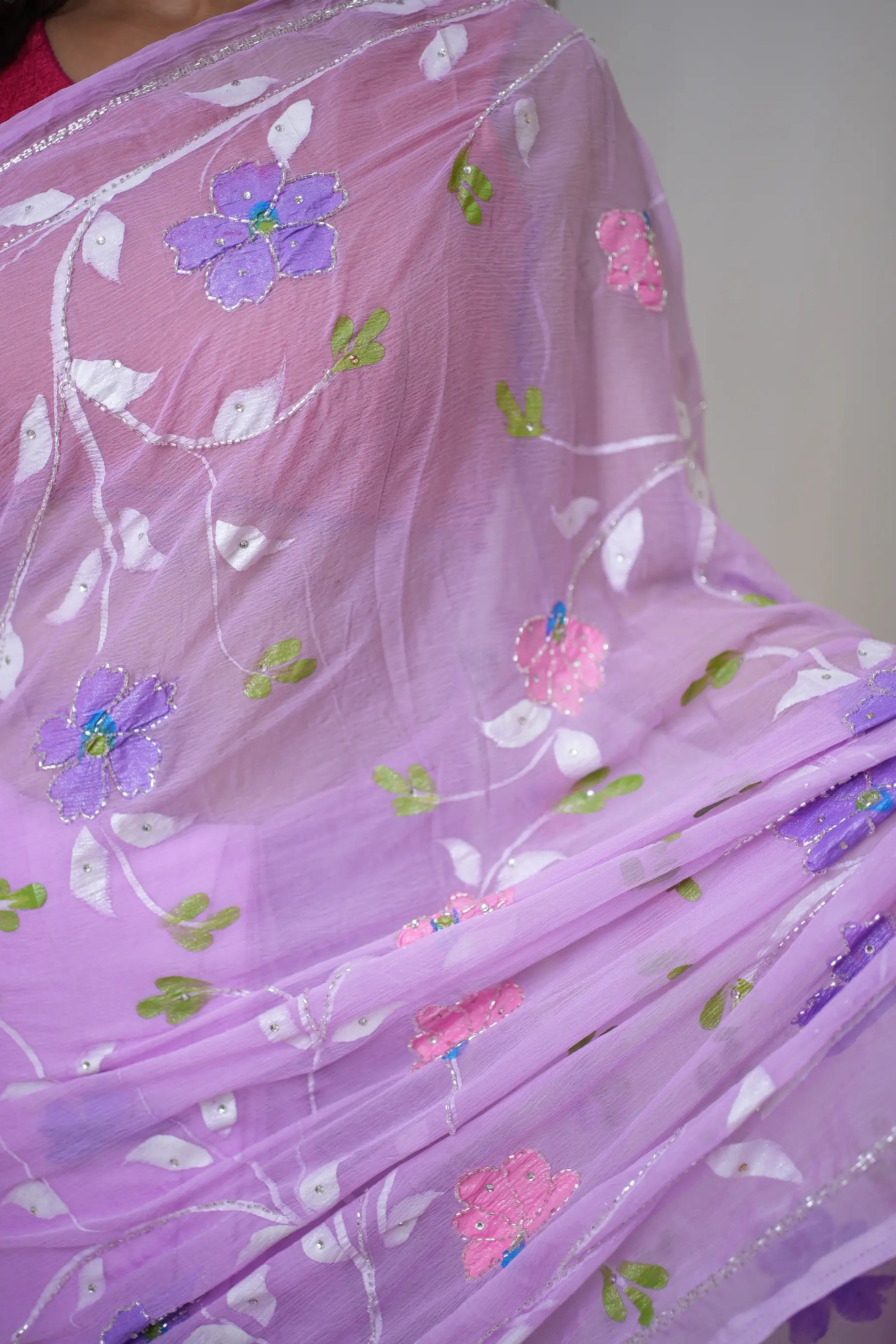 Detail View of Fine Cut Dana Handwork on Lavender Chiffon Fabric
