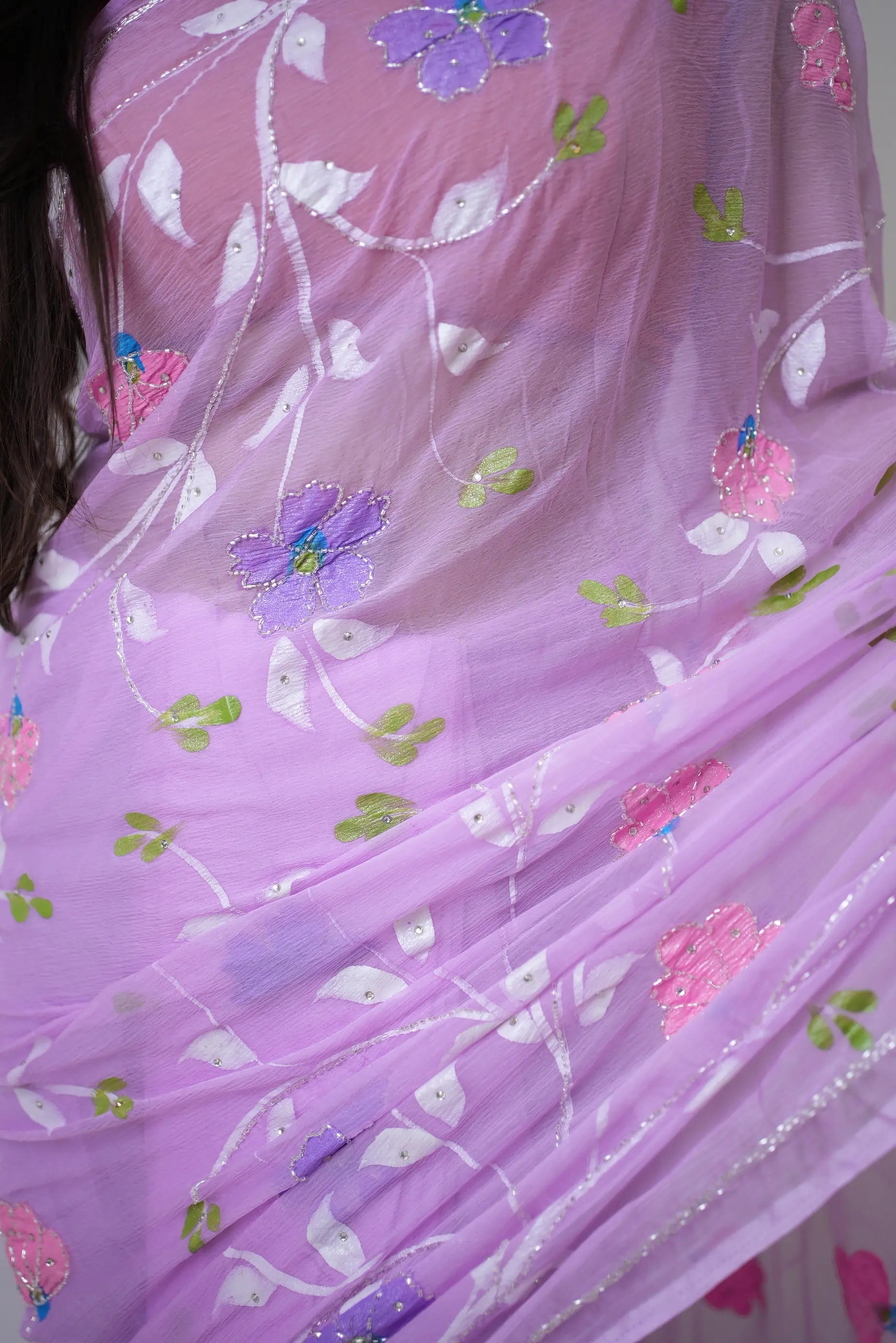 Hand Embroidery Cut Dana Detail on Soft Lilac Chiffon Saree