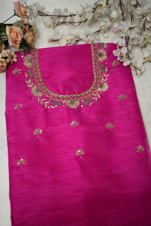 Zardozi Handwork on Raw Silk Fabric (UNSTITCHED) RANI PINK ##HB004